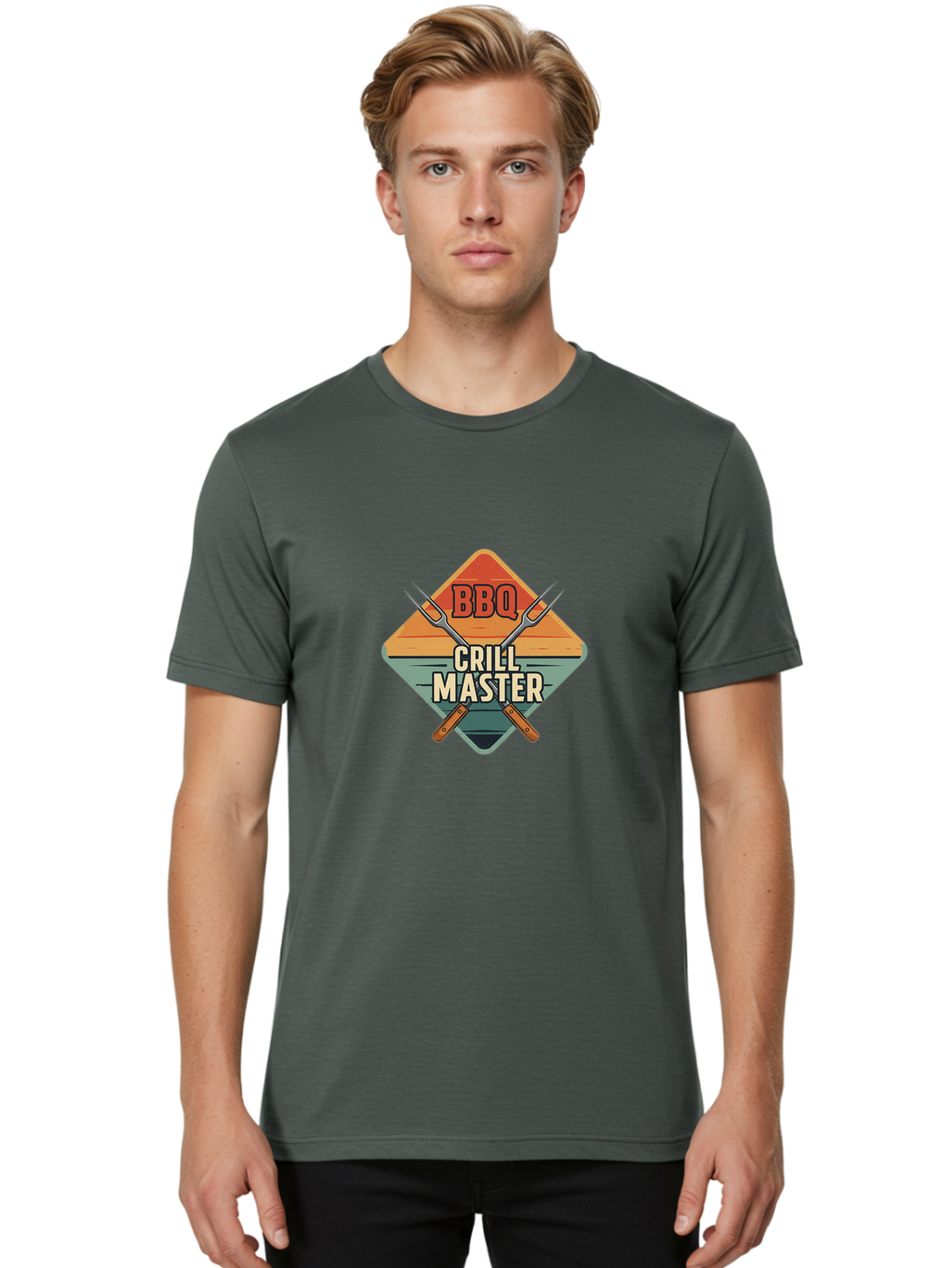 Bbq-Crill-Master Men'S Graphic Tee, 100% Cotton, Comfortable Casual Summer Wear, Machine Washable, Bbq Logo, Grill Master Symbol, Barbecue Emblem, Outdoor Cooking, Grill Utensils, Skewers, Cooking Tools, Wooden Handles, Diamond Shape Design Bab665