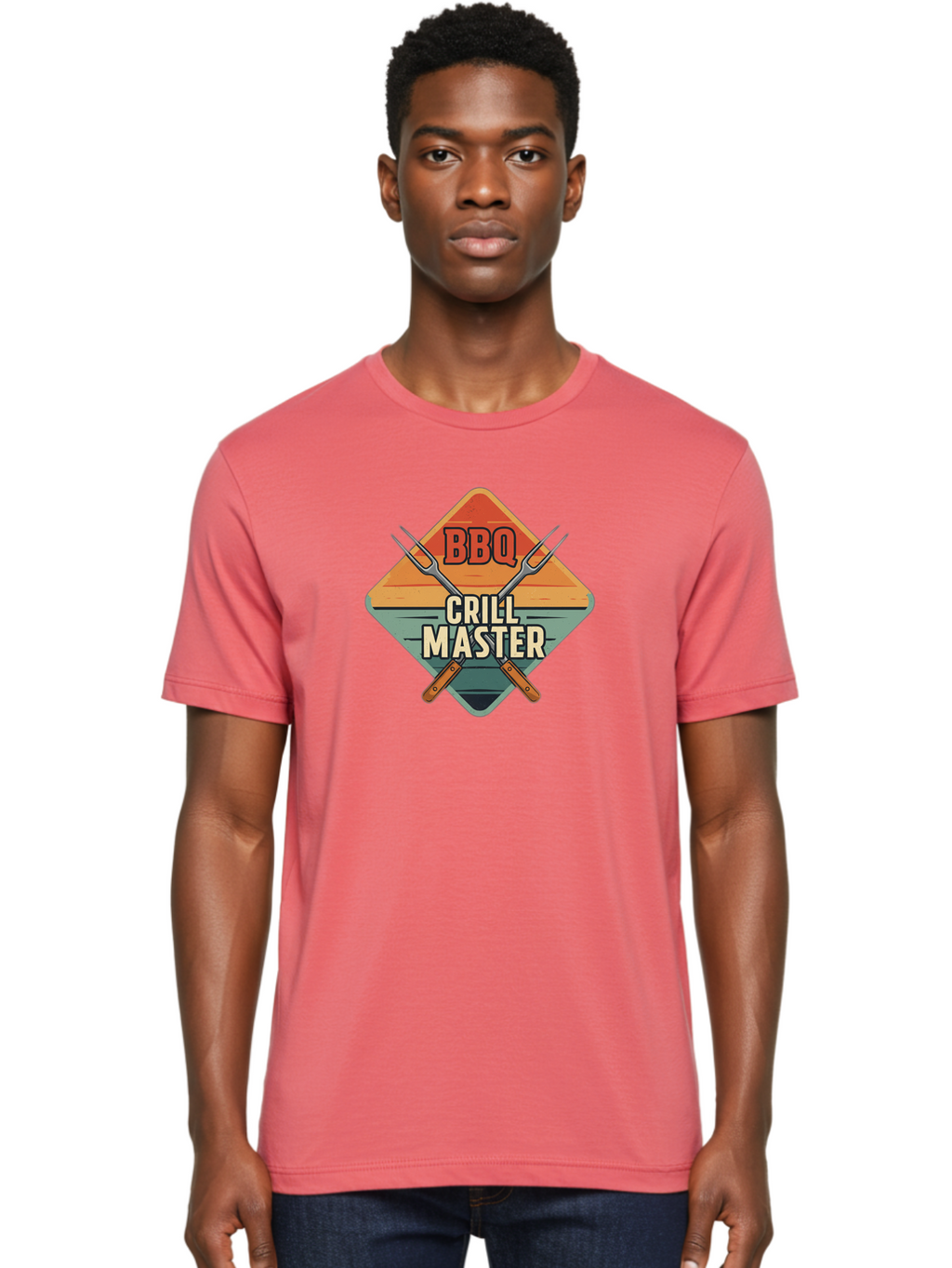 Bbq-Crill-Master Men'S Graphic Tee, 100% Cotton, Comfortable Casual Summer Wear, Machine Washable, Bbq Logo, Grill Master Symbol, Barbecue Emblem, Outdoor Cooking, Grill Utensils, Skewers, Cooking Tools, Wooden Handles, Diamond Shape Design Bab665