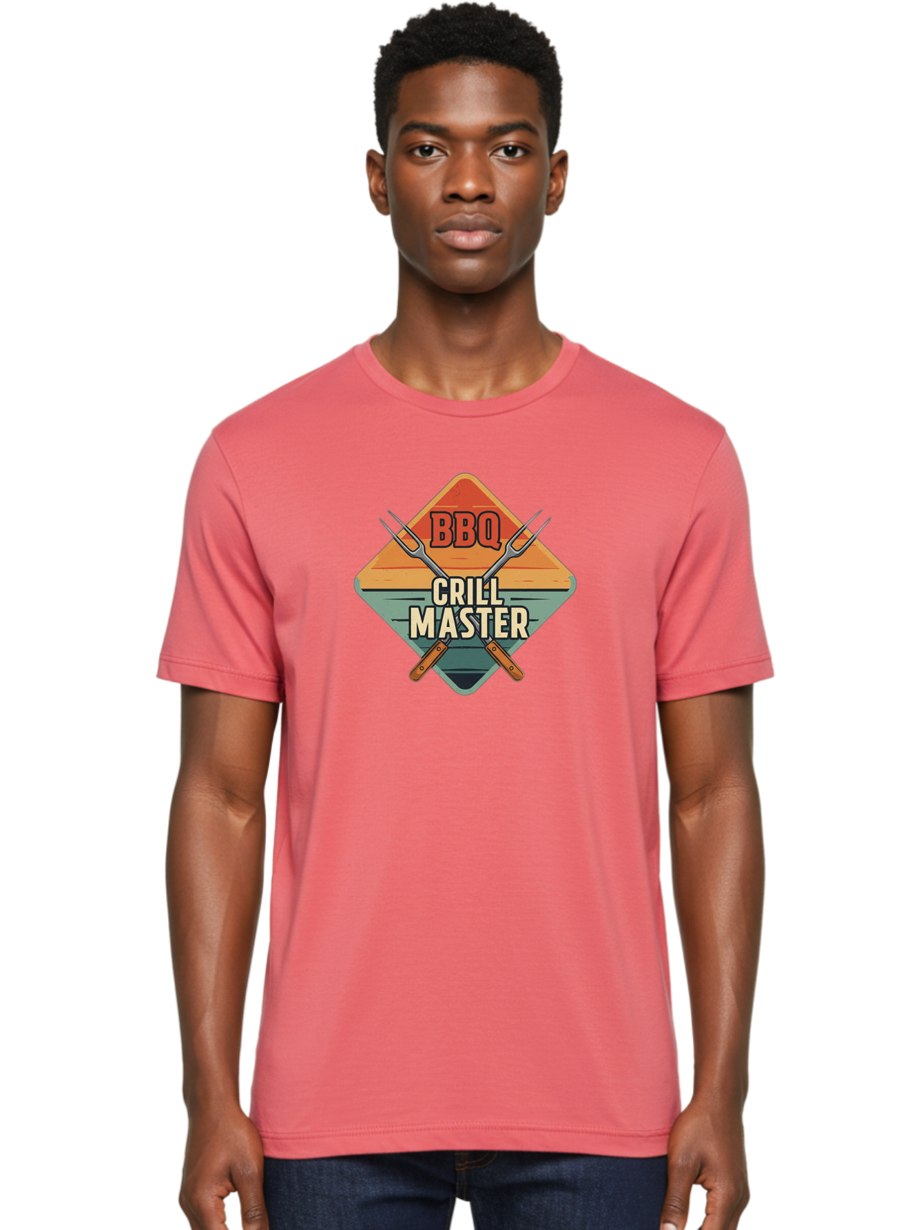 Bbq-Crill-Master Men'S Graphic Tee, 100% Cotton, Comfortable Casual Summer Wear, Machine Washable, Bbq Logo, Grill Master Symbol, Barbecue Emblem, Outdoor Cooking, Grill Utensils, Skewers, Cooking Tools, Wooden Handles, Diamond Shape Design Bab665