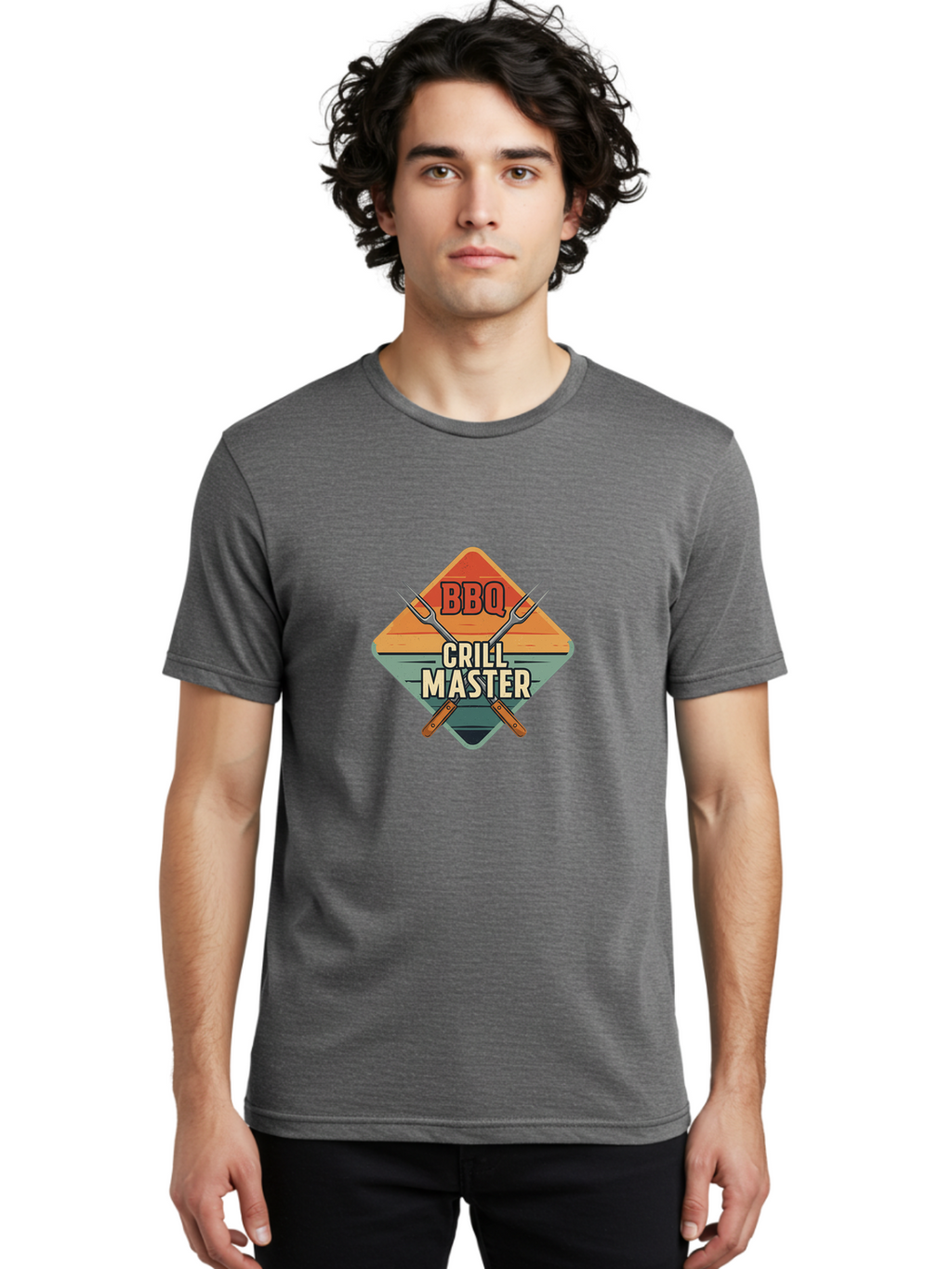 Bbq-Crill-Master Men'S Graphic Tee, 100% Cotton, Comfortable Casual Summer Wear, Machine Washable, Bbq Logo, Grill Master Symbol, Barbecue Emblem, Outdoor Cooking, Grill Utensils, Skewers, Cooking Tools, Wooden Handles, Diamond Shape Design Bab665