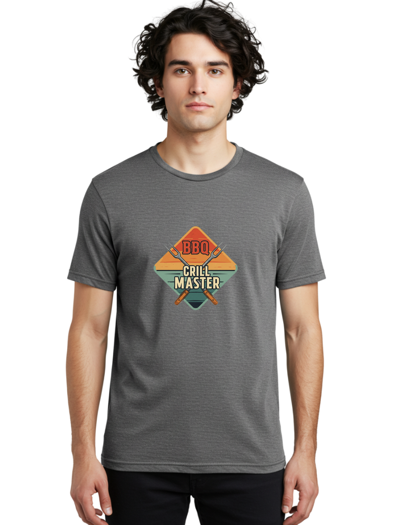 Bbq-Crill-Master Men'S Graphic Tee, 100% Cotton, Comfortable Casual Summer Wear, Machine Washable, Bbq Logo, Grill Master Symbol, Barbecue Emblem, Outdoor Cooking, Grill Utensils, Skewers, Cooking Tools, Wooden Handles, Diamond Shape Design Bab665