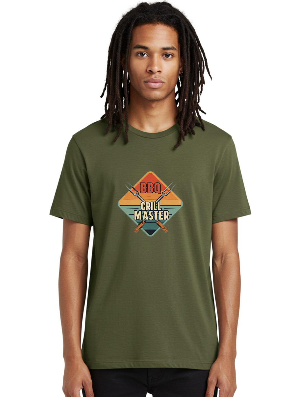 Bbq-Crill-Master Men'S Graphic Tee, 100% Cotton, Comfortable Casual Summer Wear, Machine Washable, Bbq Logo, Grill Master Symbol, Barbecue Emblem, Outdoor Cooking, Grill Utensils, Skewers, Cooking Tools, Wooden Handles, Diamond Shape Design Bab665