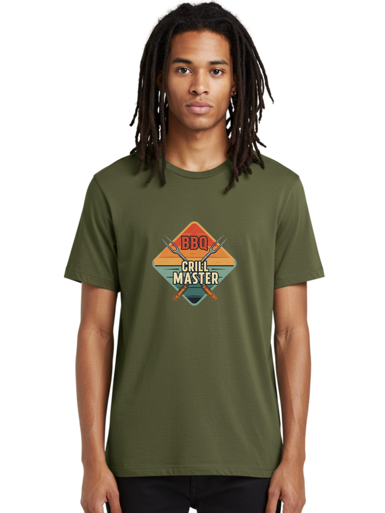 Bbq-Crill-Master Men'S Graphic Tee, 100% Cotton, Comfortable Casual Summer Wear, Machine Washable, Bbq Logo, Grill Master Symbol, Barbecue Emblem, Outdoor Cooking, Grill Utensils, Skewers, Cooking Tools, Wooden Handles, Diamond Shape Design Bab665