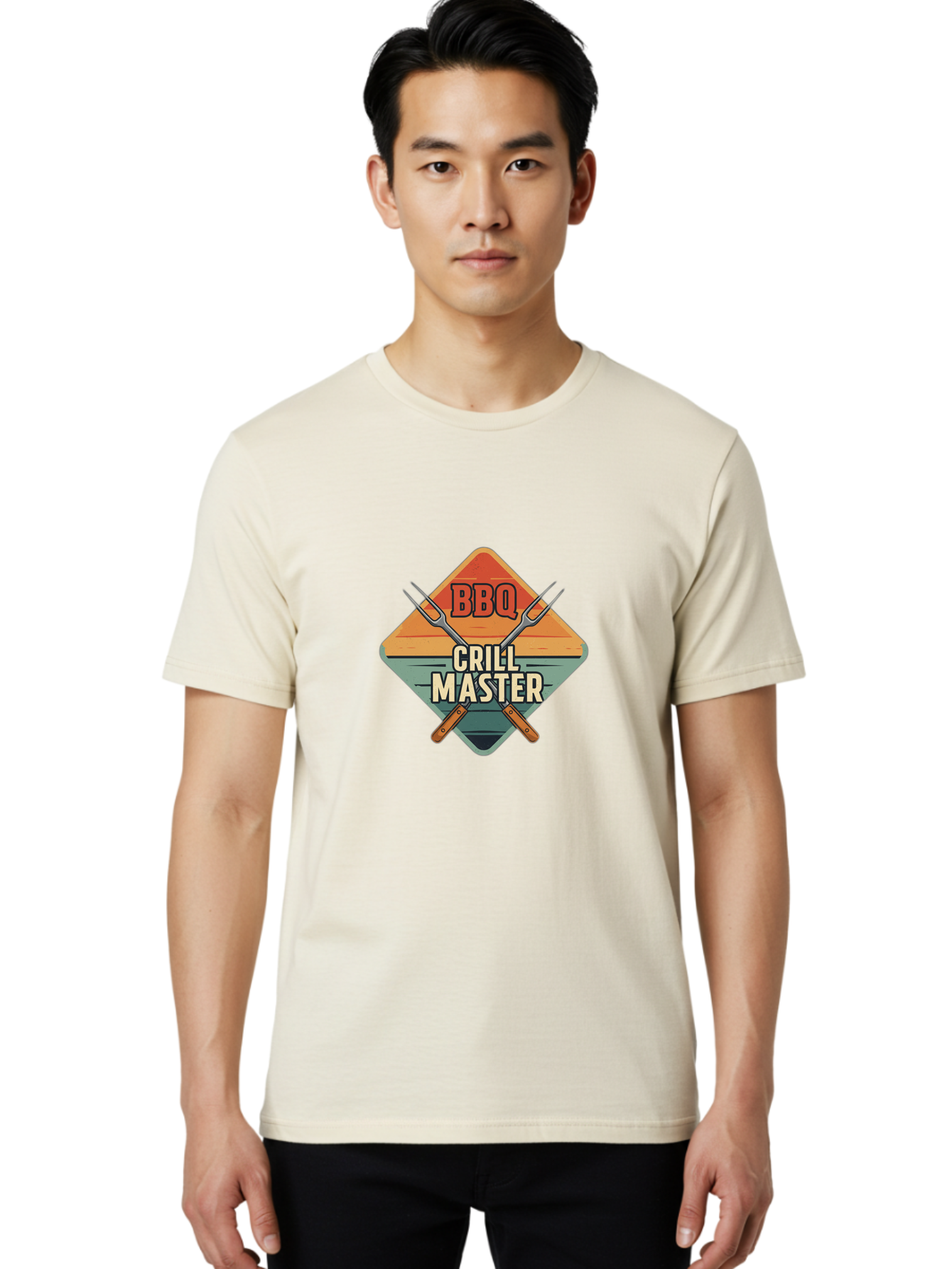 Bbq-Crill-Master Men'S Graphic Tee, 100% Cotton, Comfortable Casual Summer Wear, Machine Washable, Bbq Logo, Grill Master Symbol, Barbecue Emblem, Outdoor Cooking, Grill Utensils, Skewers, Cooking Tools, Wooden Handles, Diamond Shape Design Bab665