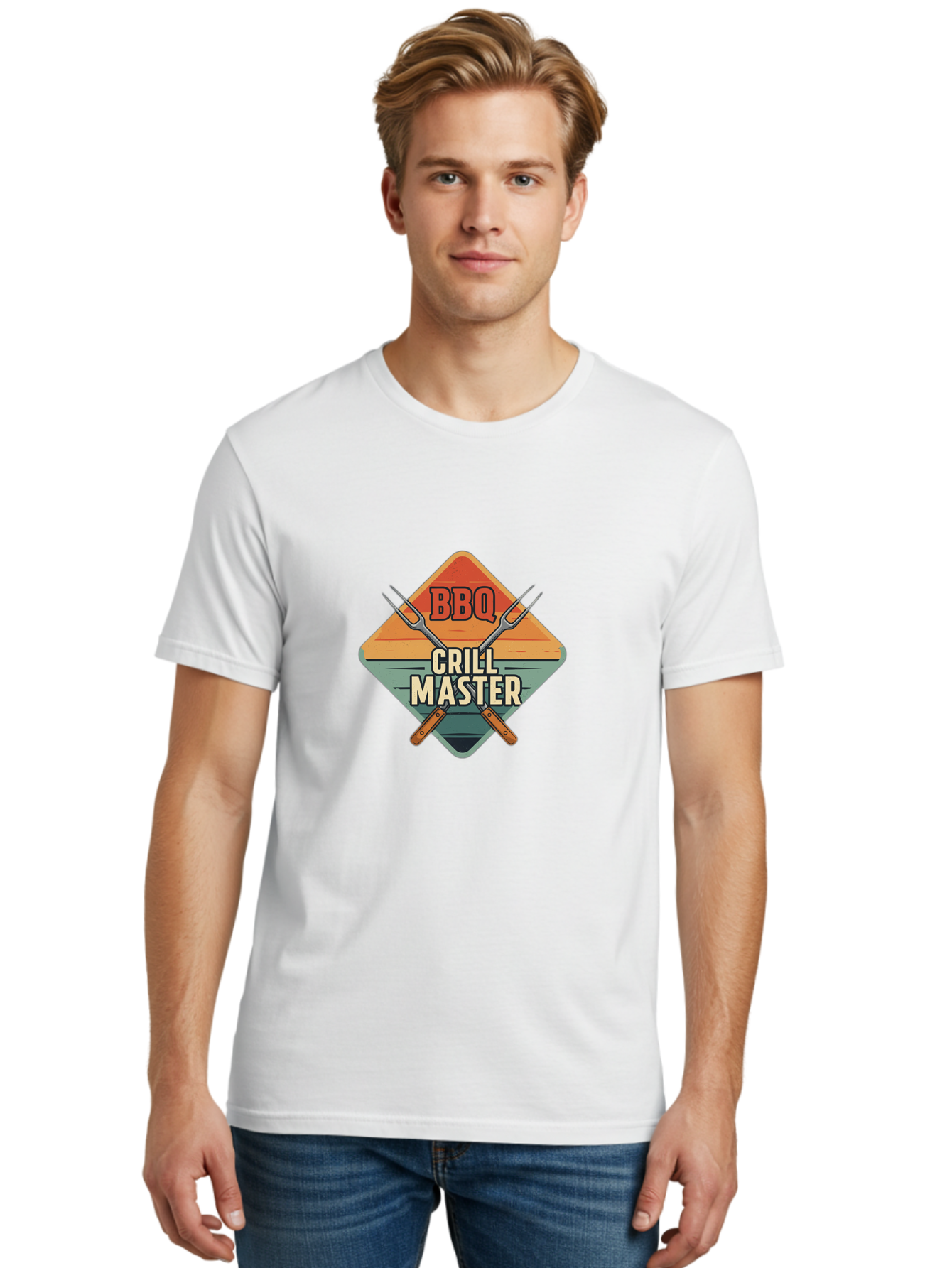 Bbq-Crill-Master Men'S Graphic Tee, 100% Cotton, Comfortable Casual Summer Wear, Machine Washable, Bbq Logo, Grill Master Symbol, Barbecue Emblem, Outdoor Cooking, Grill Utensils, Skewers, Cooking Tools, Wooden Handles, Diamond Shape Design Bab665