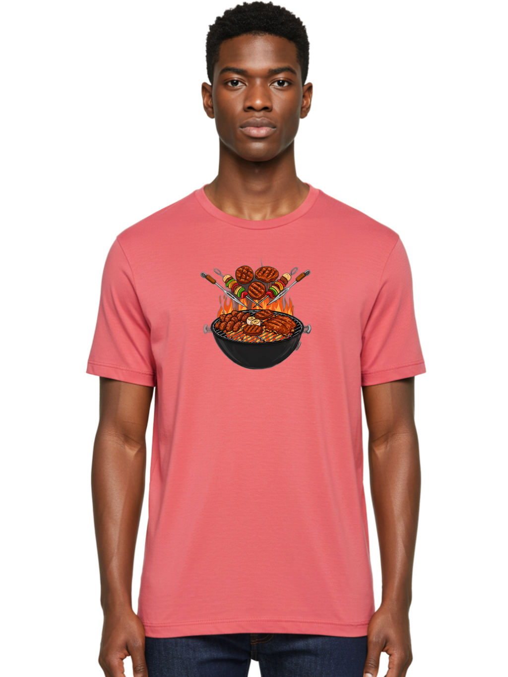 Bbq-Grill-1 Men'S Graphic Tee, 100% Cotton, Comfortable Casual Summer Wear, Machine Washable, Grilled Burgers, Skewers Of Meat And Vegetables, Barbecue Grill, Outdoor Cooking, Grilled Food, Summer Bbq Bab666