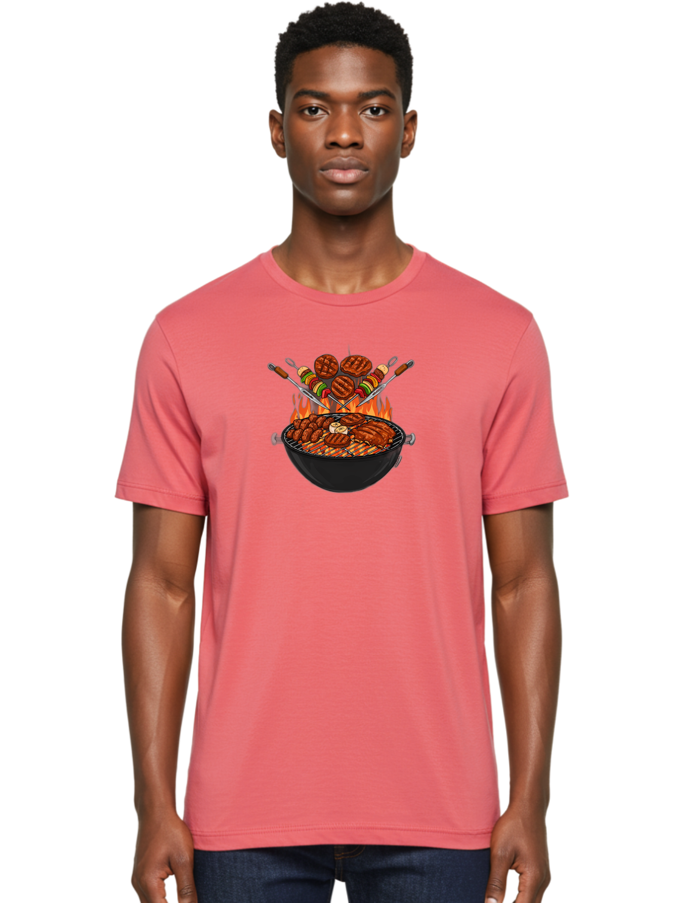 Bbq-Grill-1 Men'S Graphic Tee, 100% Cotton, Comfortable Casual Summer Wear, Machine Washable, Grilled Burgers, Skewers Of Meat And Vegetables, Barbecue Grill, Outdoor Cooking, Grilled Food, Summer Bbq Bab666