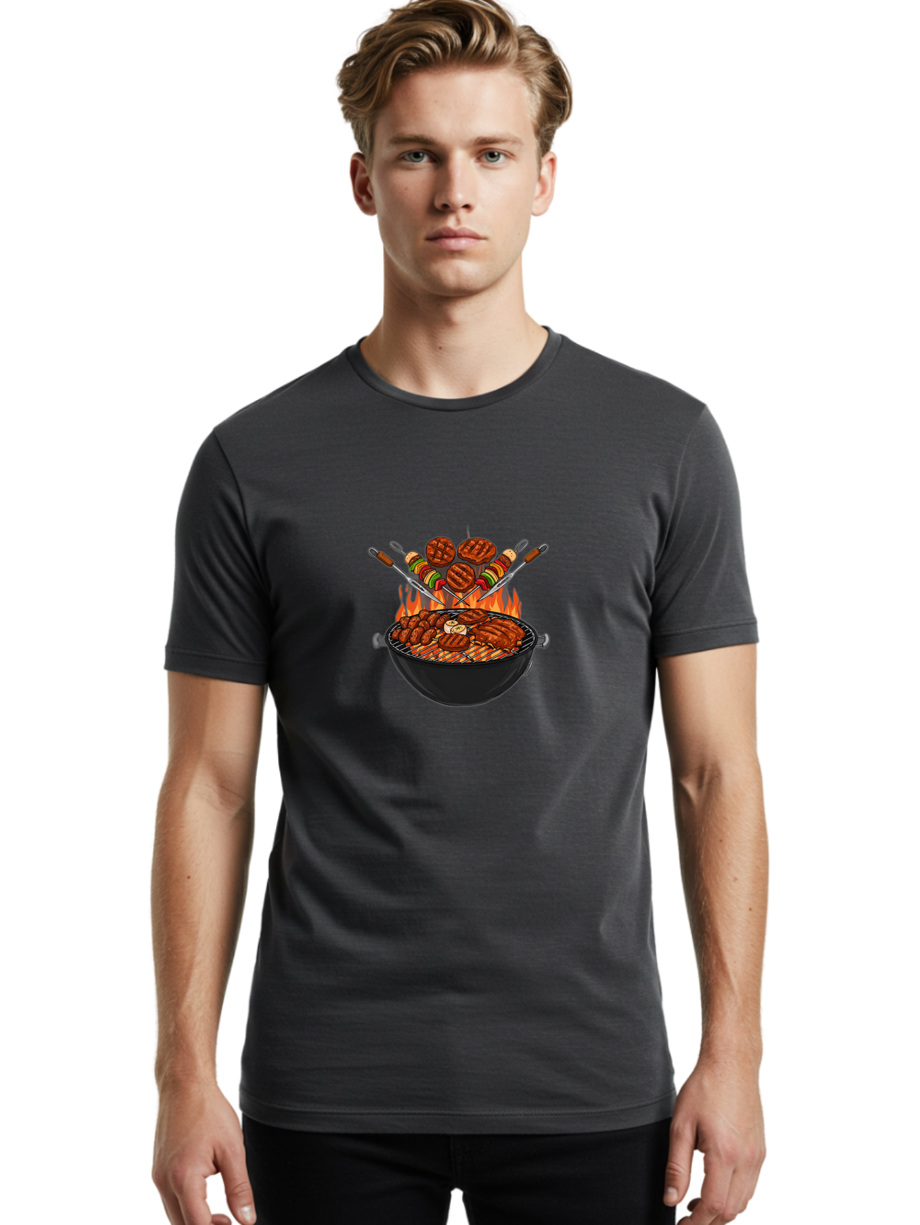 Bbq-Grill-1 Men'S Graphic Tee, 100% Cotton, Comfortable Casual Summer Wear, Machine Washable, Grilled Burgers, Skewers Of Meat And Vegetables, Barbecue Grill, Outdoor Cooking, Grilled Food, Summer Bbq Bab666