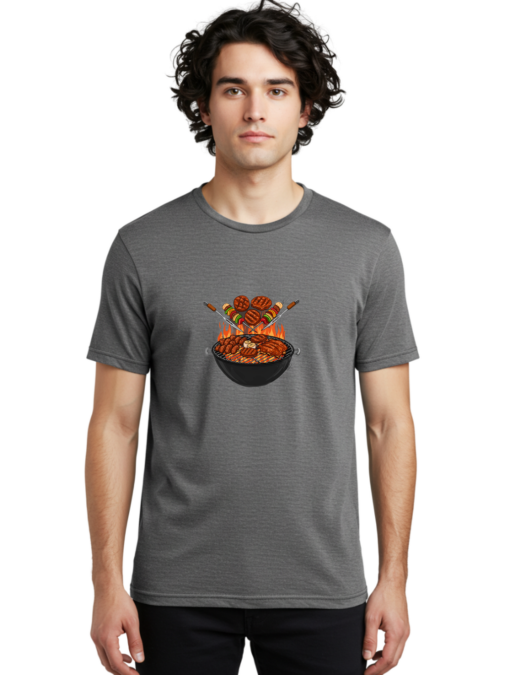 Bbq-Grill-1 Men'S Graphic Tee, 100% Cotton, Comfortable Casual Summer Wear, Machine Washable, Grilled Burgers, Skewers Of Meat And Vegetables, Barbecue Grill, Outdoor Cooking, Grilled Food, Summer Bbq Bab666