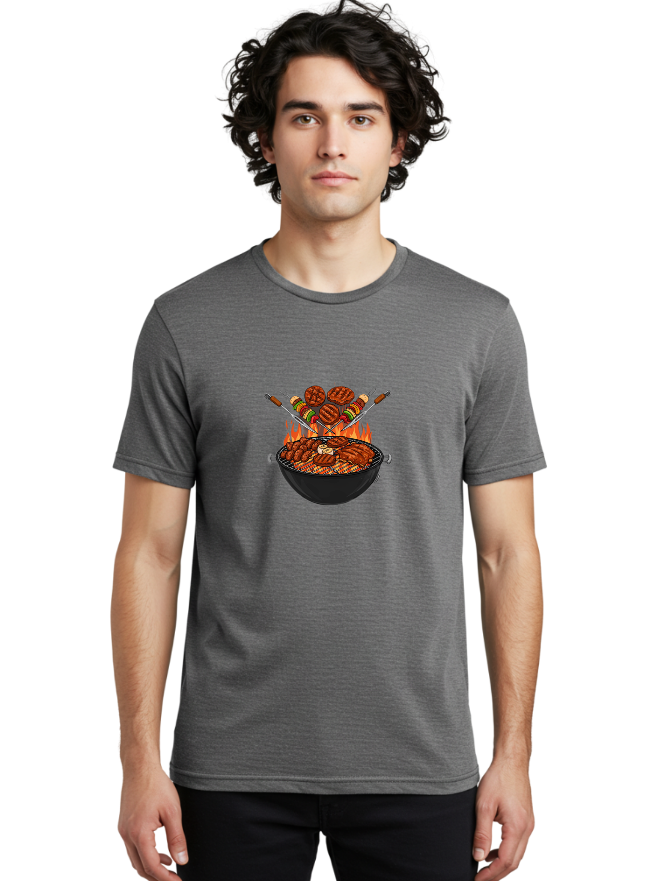 Bbq-Grill-1 Men'S Graphic Tee, 100% Cotton, Comfortable Casual Summer Wear, Machine Washable, Grilled Burgers, Skewers Of Meat And Vegetables, Barbecue Grill, Outdoor Cooking, Grilled Food, Summer Bbq Bab666