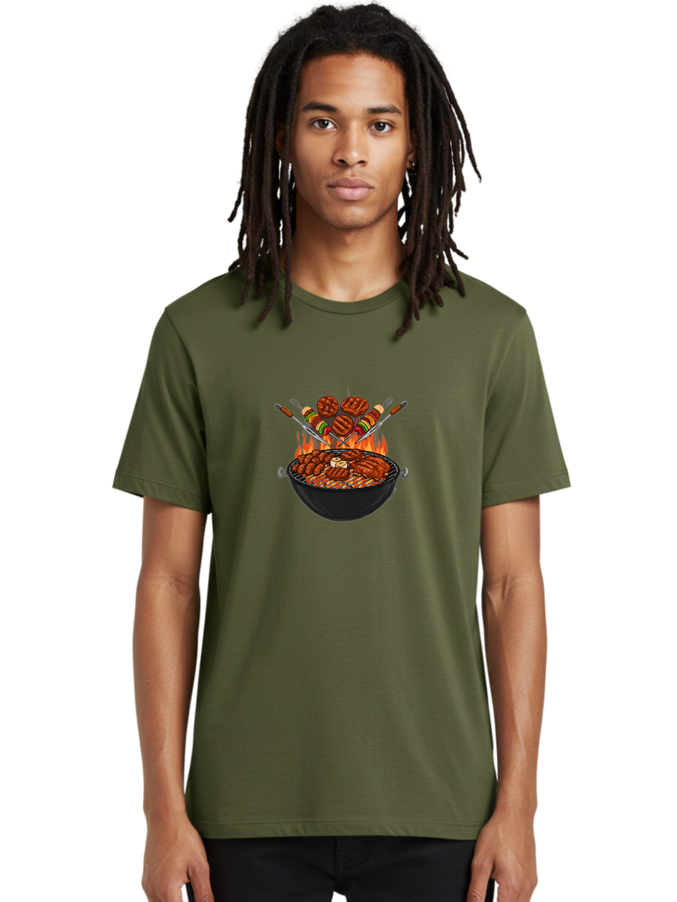 Bbq-Grill-1 Men'S Graphic Tee, 100% Cotton, Comfortable Casual Summer Wear, Machine Washable, Grilled Burgers, Skewers Of Meat And Vegetables, Barbecue Grill, Outdoor Cooking, Grilled Food, Summer Bbq Bab666