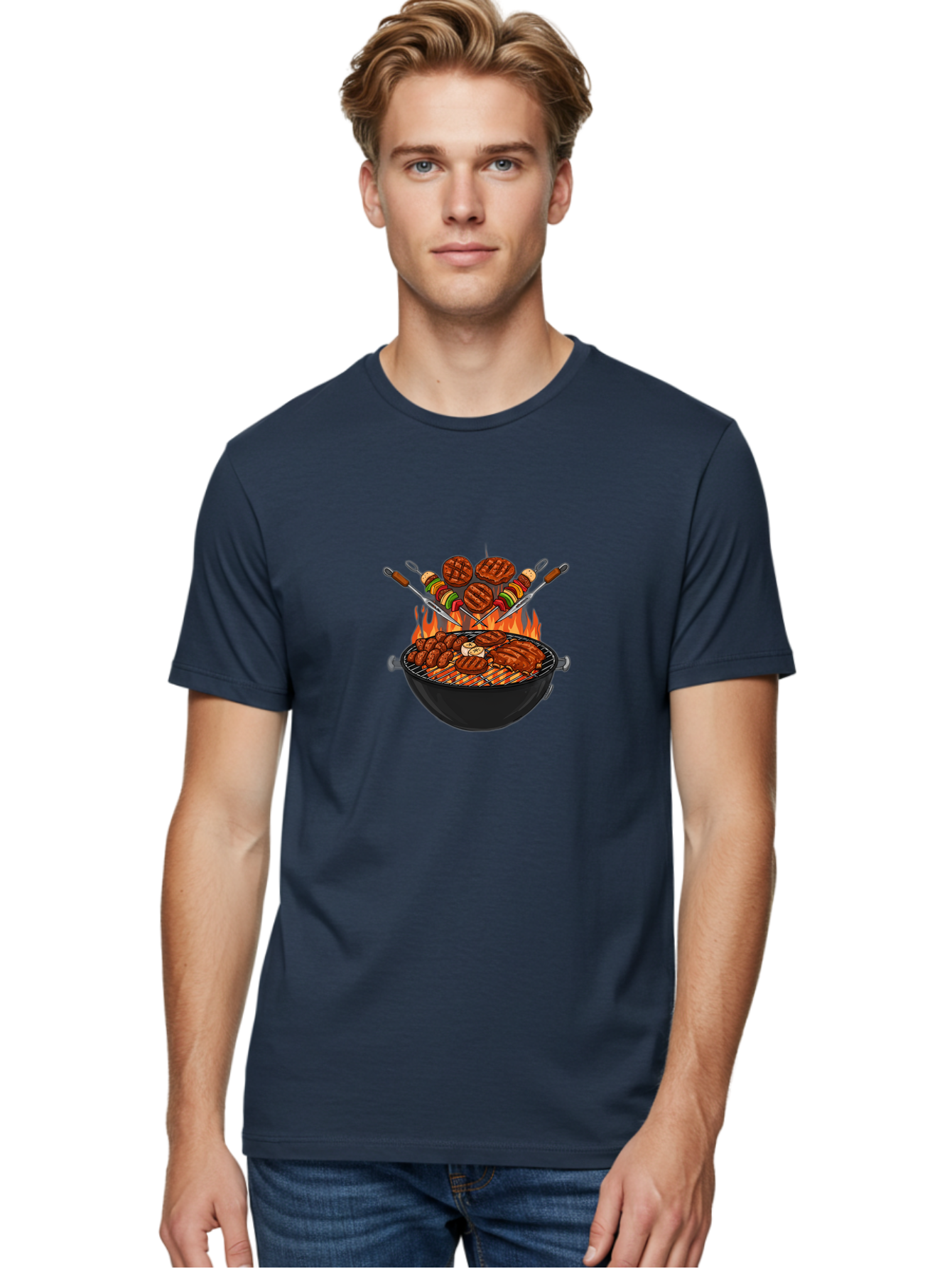 Bbq-Grill-1 Men'S Graphic Tee, 100% Cotton, Comfortable Casual Summer Wear, Machine Washable, Grilled Burgers, Skewers Of Meat And Vegetables, Barbecue Grill, Outdoor Cooking, Grilled Food, Summer Bbq Bab666