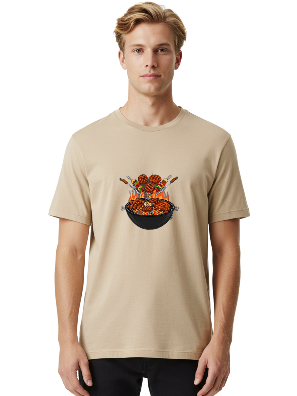 Bbq-Grill-1 Men'S Graphic Tee, 100% Cotton, Comfortable Casual Summer Wear, Machine Washable, Grilled Burgers, Skewers Of Meat And Vegetables, Barbecue Grill, Outdoor Cooking, Grilled Food, Summer Bbq Bab666