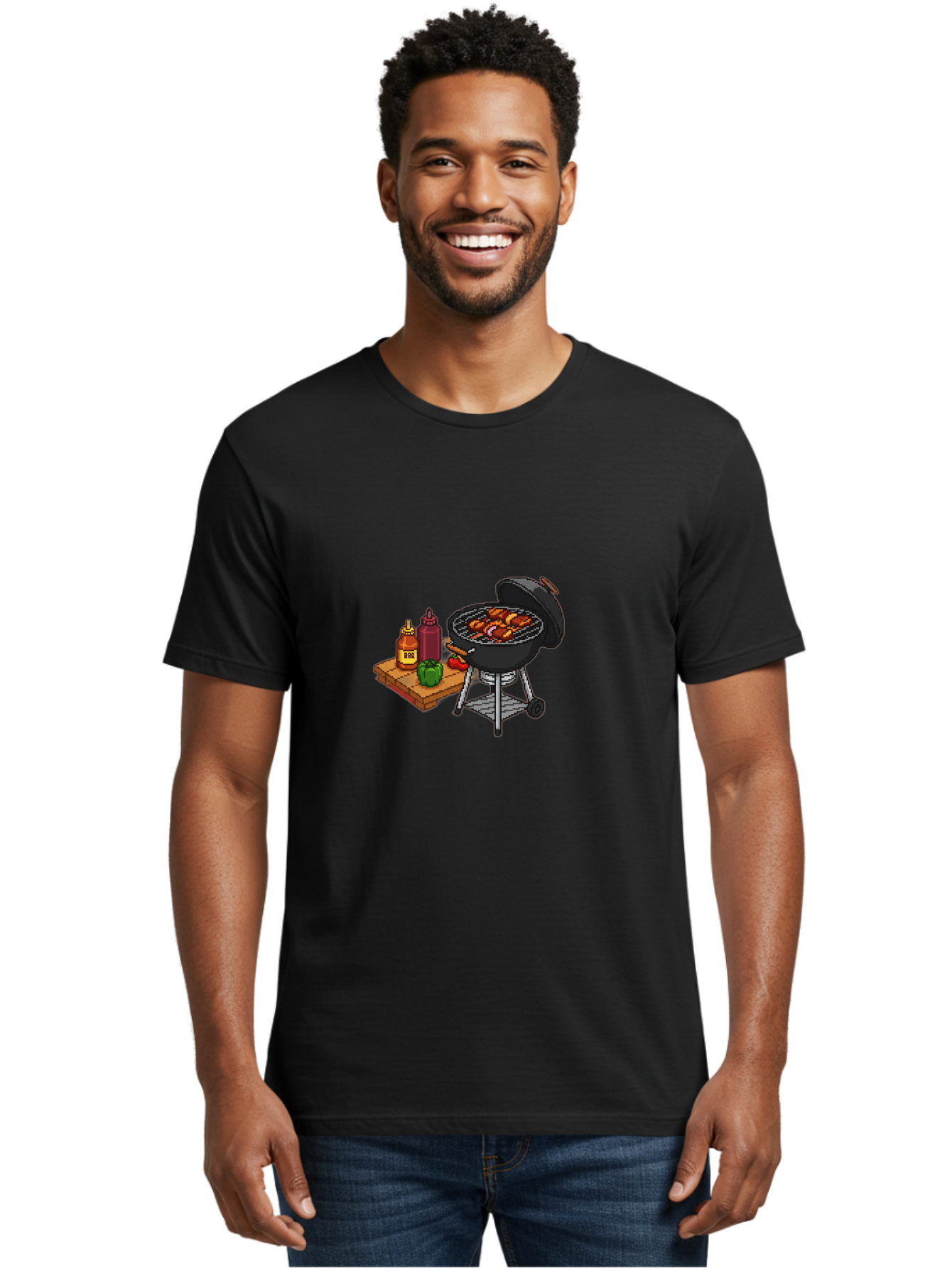 Bbq-Grill-2 Men'S Graphic Tee, 100% Cotton, Comfortable Casual Summer Wear, Machine Washable, Bbq Grill With Sausages, Outdoor Cooking, Grilling, Barbecue Sauce, Condiments, Bell Pepper, Chili Pepper, Grilling Essentials, Barbecue, Bab667