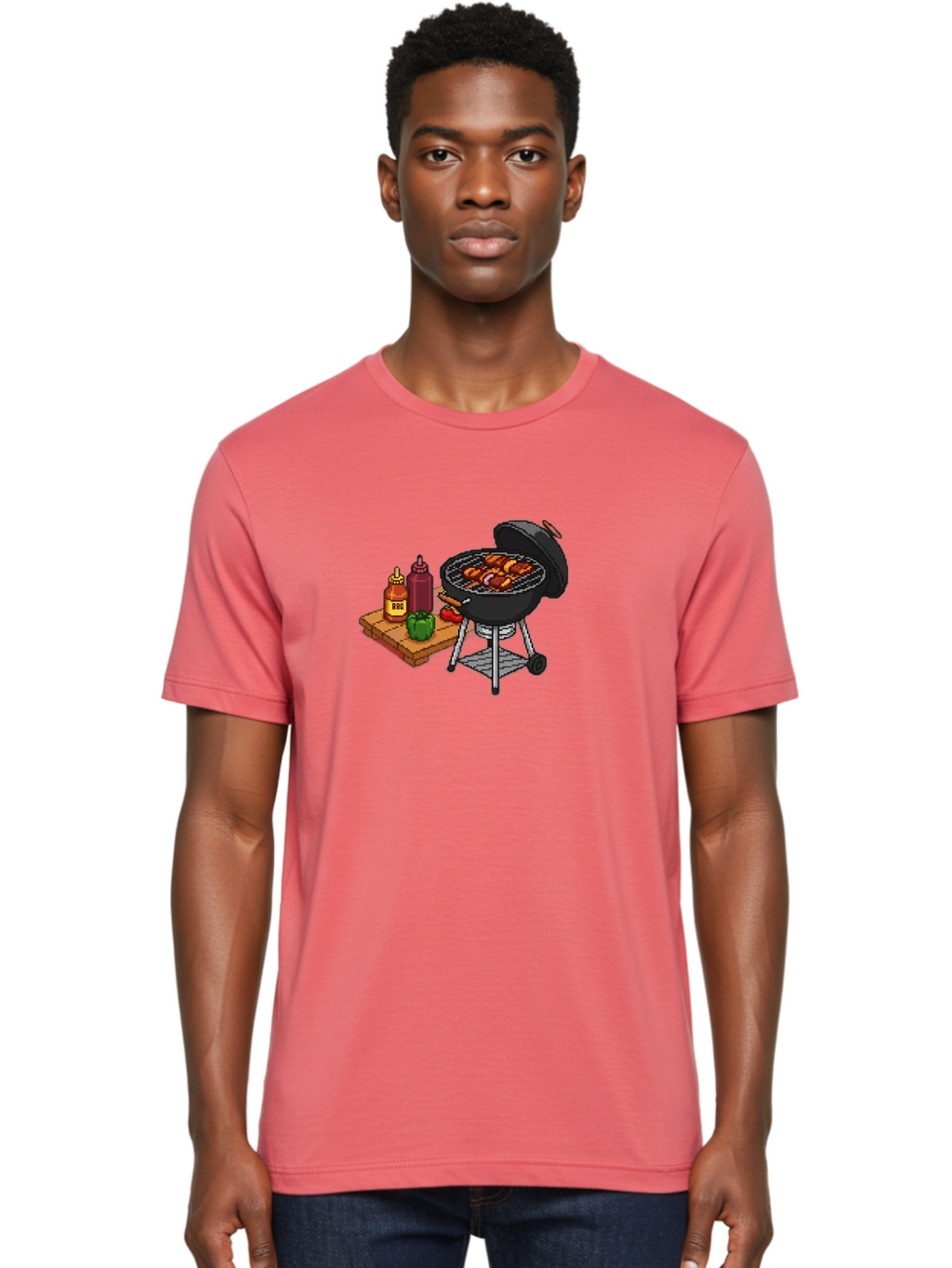 Bbq-Grill-2 Men'S Graphic Tee, 100% Cotton, Comfortable Casual Summer Wear, Machine Washable, Bbq Grill With Sausages, Outdoor Cooking, Grilling, Barbecue Sauce, Condiments, Bell Pepper, Chili Pepper, Grilling Essentials, Barbecue, Bab667