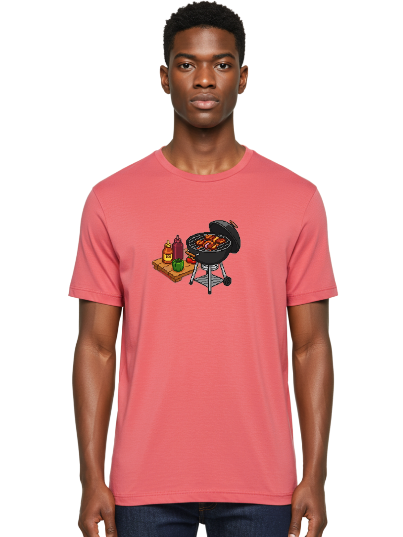 Bbq-Grill-2 Men'S Graphic Tee, 100% Cotton, Comfortable Casual Summer Wear, Machine Washable, Bbq Grill With Sausages, Outdoor Cooking, Grilling, Barbecue Sauce, Condiments, Bell Pepper, Chili Pepper, Grilling Essentials, Barbecue, Bab667