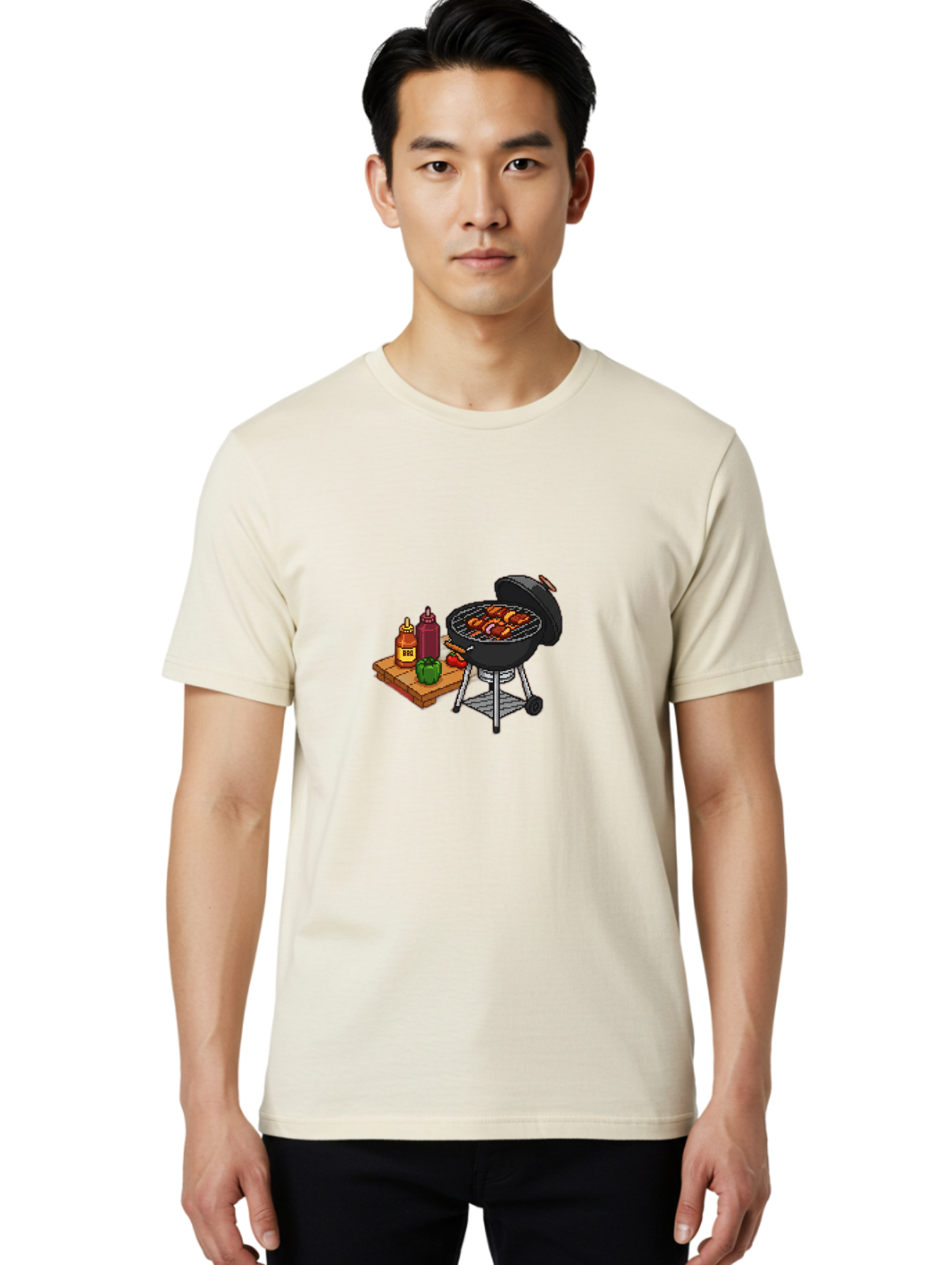 Bbq-Grill-2 Men'S Graphic Tee, 100% Cotton, Comfortable Casual Summer Wear, Machine Washable, Bbq Grill With Sausages, Outdoor Cooking, Grilling, Barbecue Sauce, Condiments, Bell Pepper, Chili Pepper, Grilling Essentials, Barbecue, Bab667