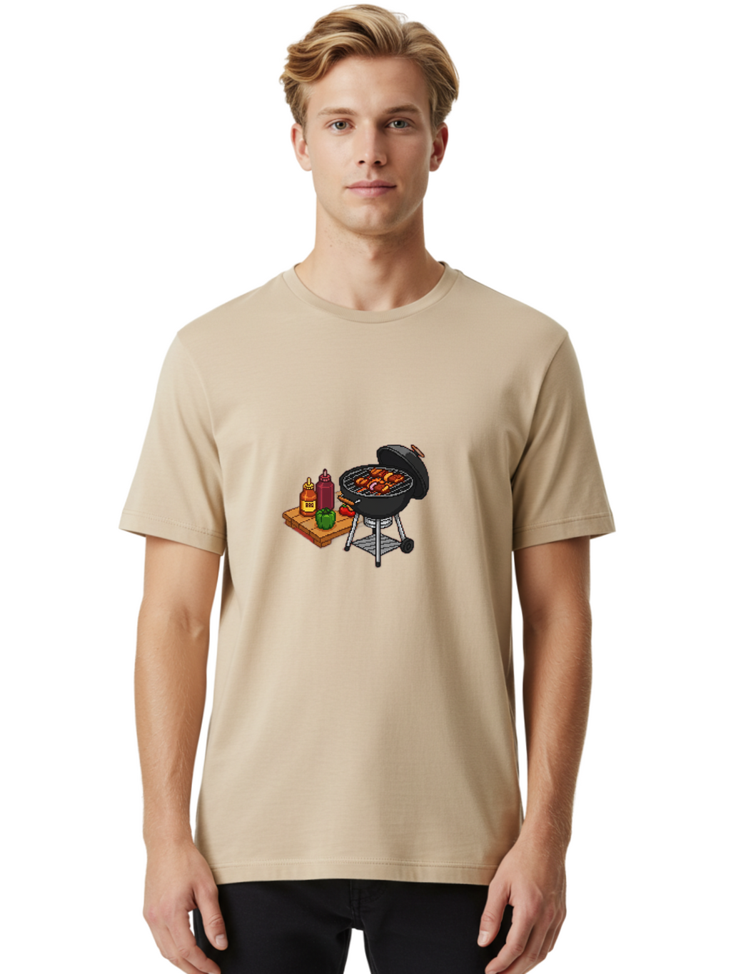 Bbq-Grill-2 Men'S Graphic Tee, 100% Cotton, Comfortable Casual Summer Wear, Machine Washable, Bbq Grill With Sausages, Outdoor Cooking, Grilling, Barbecue Sauce, Condiments, Bell Pepper, Chili Pepper, Grilling Essentials, Barbecue, Bab667