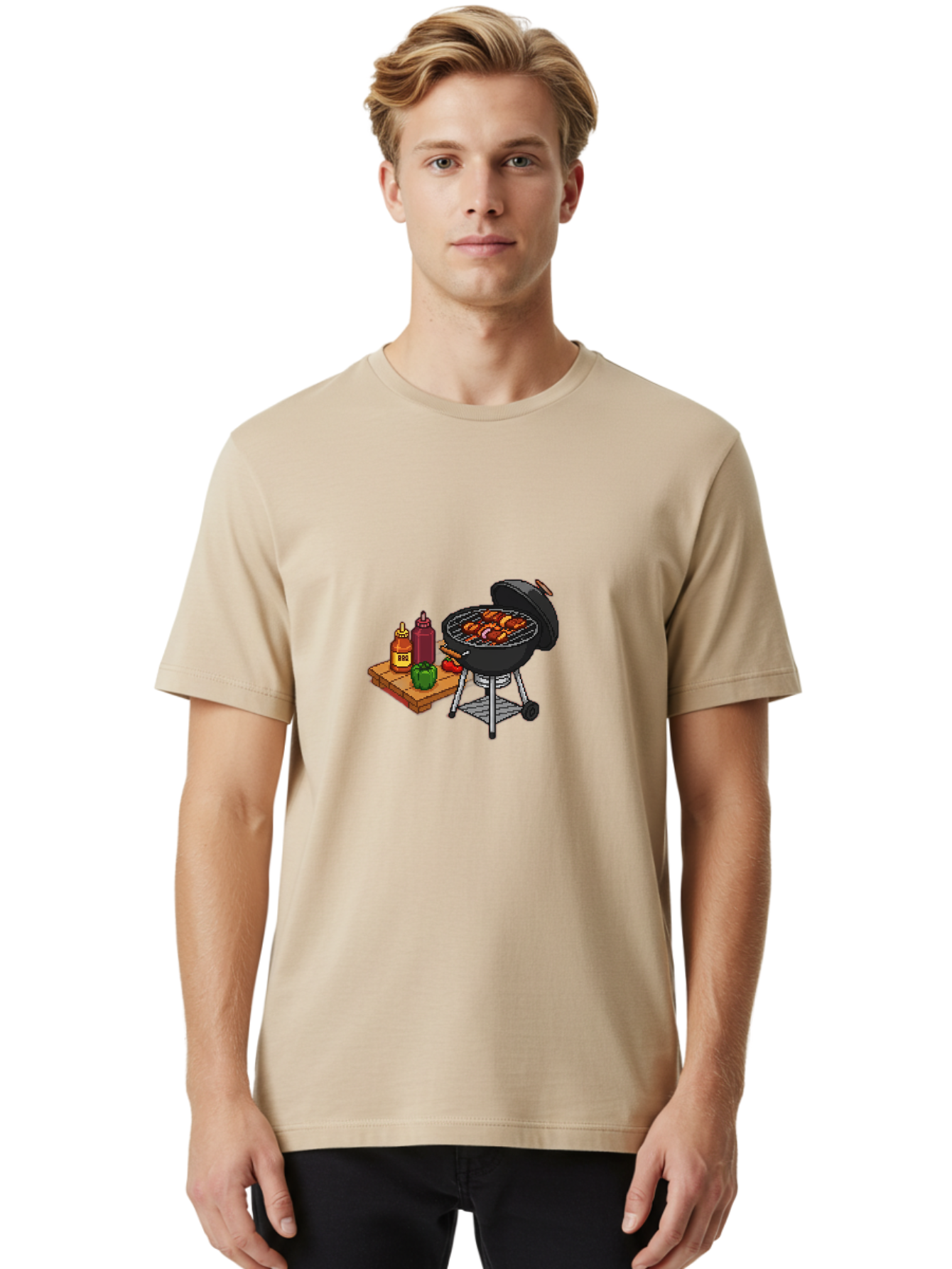 Bbq-Grill-2 Men'S Graphic Tee, 100% Cotton, Comfortable Casual Summer Wear, Machine Washable, Bbq Grill With Sausages, Outdoor Cooking, Grilling, Barbecue Sauce, Condiments, Bell Pepper, Chili Pepper, Grilling Essentials, Barbecue, Bab667
