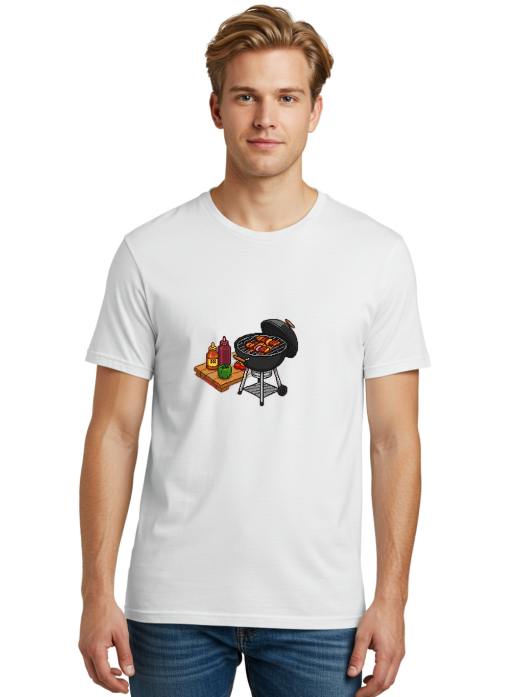 Bbq-Grill-2 Men'S Graphic Tee, 100% Cotton, Comfortable Casual Summer Wear, Machine Washable, Bbq Grill With Sausages, Outdoor Cooking, Grilling, Barbecue Sauce, Condiments, Bell Pepper, Chili Pepper, Grilling Essentials, Barbecue, Bab667