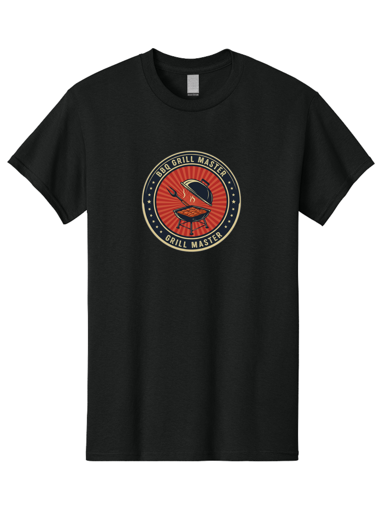 Bbq-Grill-Master-1 Men'S Graphic Tee, 100% Cotton, Comfortable Casual Summer Wear, Machine Washable, Barbecue Grill With Lid Open, Meat Cooking On Grill, Bbq Utensils, Sunburst Design, Stars Surrounding Logo, Grill Master Logo, Barbecue Theme, Bab670