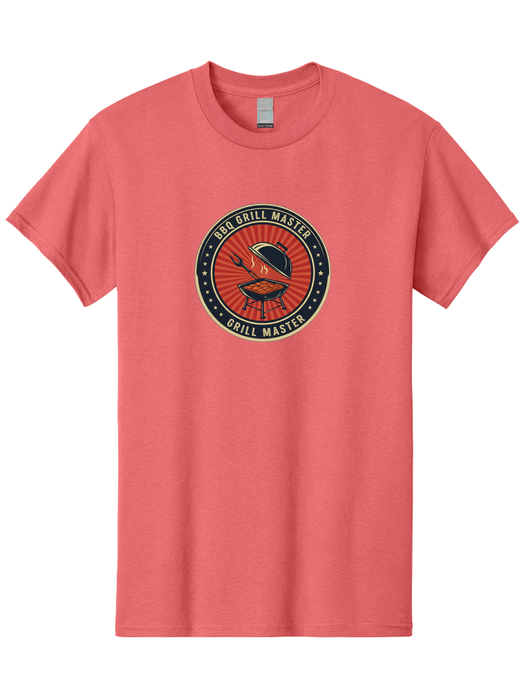 Bbq-Grill-Master-1 Men'S Graphic Tee, 100% Cotton, Comfortable Casual Summer Wear, Machine Washable, Barbecue Grill With Lid Open, Meat Cooking On Grill, Bbq Utensils, Sunburst Design, Stars Surrounding Logo, Grill Master Logo, Barbecue Theme, Bab670