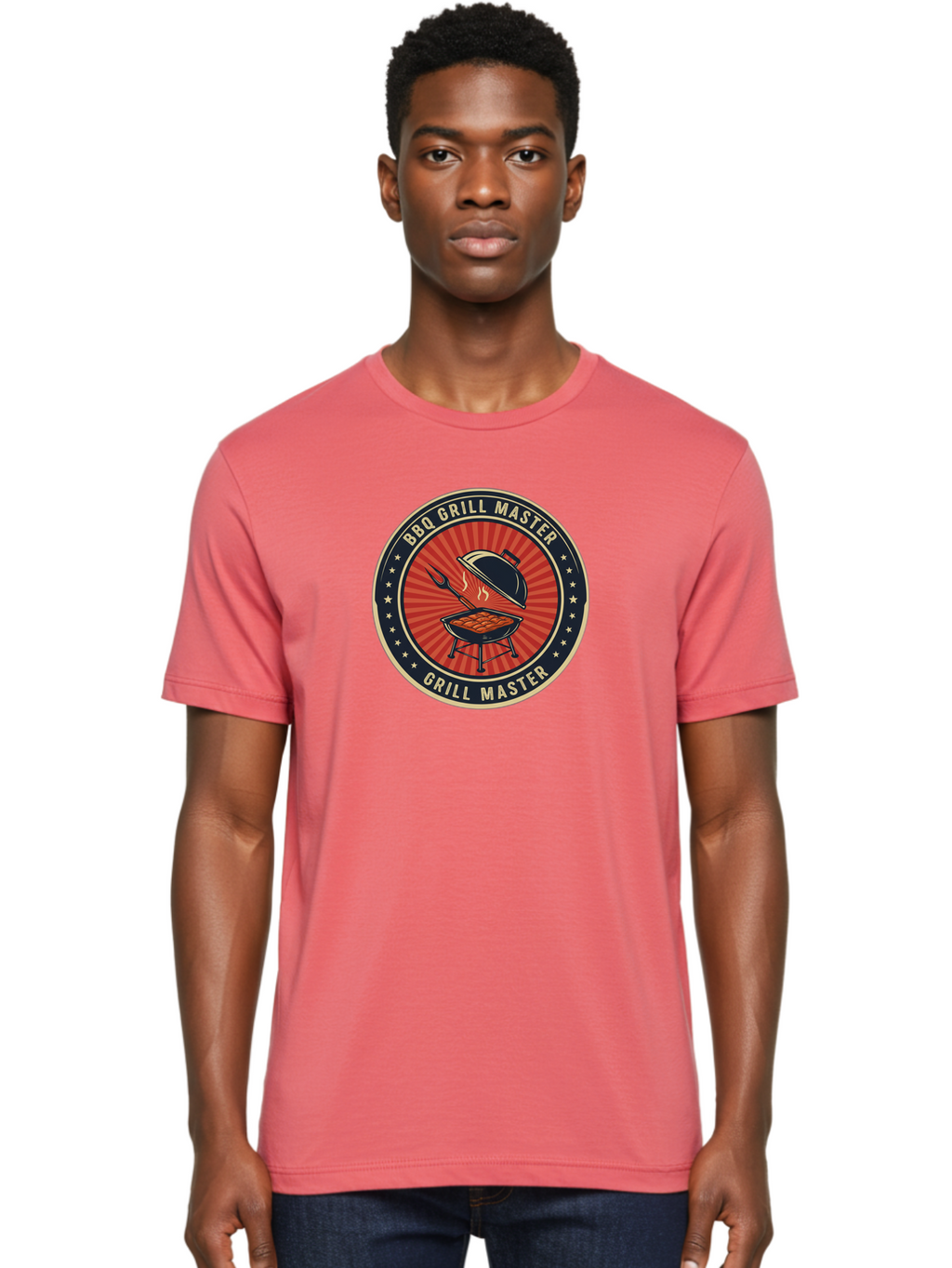 Bbq-Grill-Master-1 Men'S Graphic Tee, 100% Cotton, Comfortable Casual Summer Wear, Machine Washable, Barbecue Grill With Lid Open, Meat Cooking On Grill, Bbq Utensils, Sunburst Design, Stars Surrounding Logo, Grill Master Logo, Barbecue Theme, Bab670