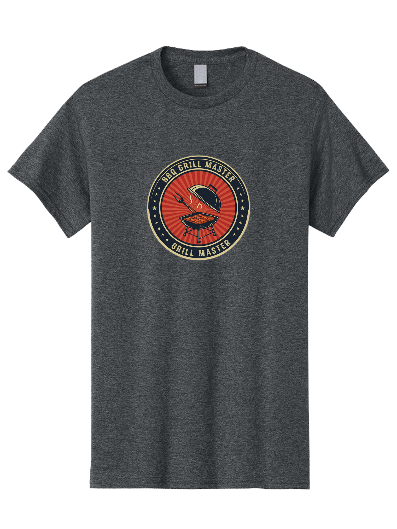 Bbq-Grill-Master-1 Men'S Graphic Tee, 100% Cotton, Comfortable Casual Summer Wear, Machine Washable, Barbecue Grill With Lid Open, Meat Cooking On Grill, Bbq Utensils, Sunburst Design, Stars Surrounding Logo, Grill Master Logo, Barbecue Theme, Bab670