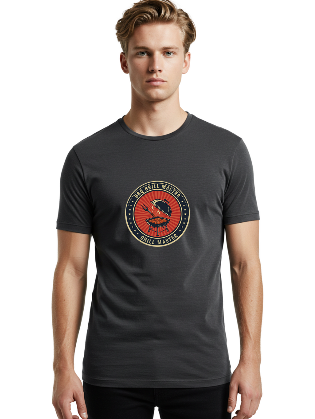 Bbq-Grill-Master-1 Men'S Graphic Tee, 100% Cotton, Comfortable Casual Summer Wear, Machine Washable, Barbecue Grill With Lid Open, Meat Cooking On Grill, Bbq Utensils, Sunburst Design, Stars Surrounding Logo, Grill Master Logo, Barbecue Theme, Bab670