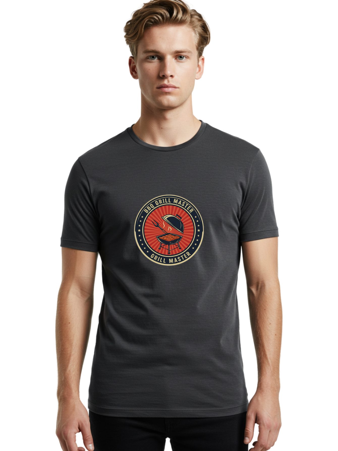 Bbq-Grill-Master-1 Men'S Graphic Tee, 100% Cotton, Comfortable Casual Summer Wear, Machine Washable, Barbecue Grill With Lid Open, Meat Cooking On Grill, Bbq Utensils, Sunburst Design, Stars Surrounding Logo, Grill Master Logo, Barbecue Theme, Bab670