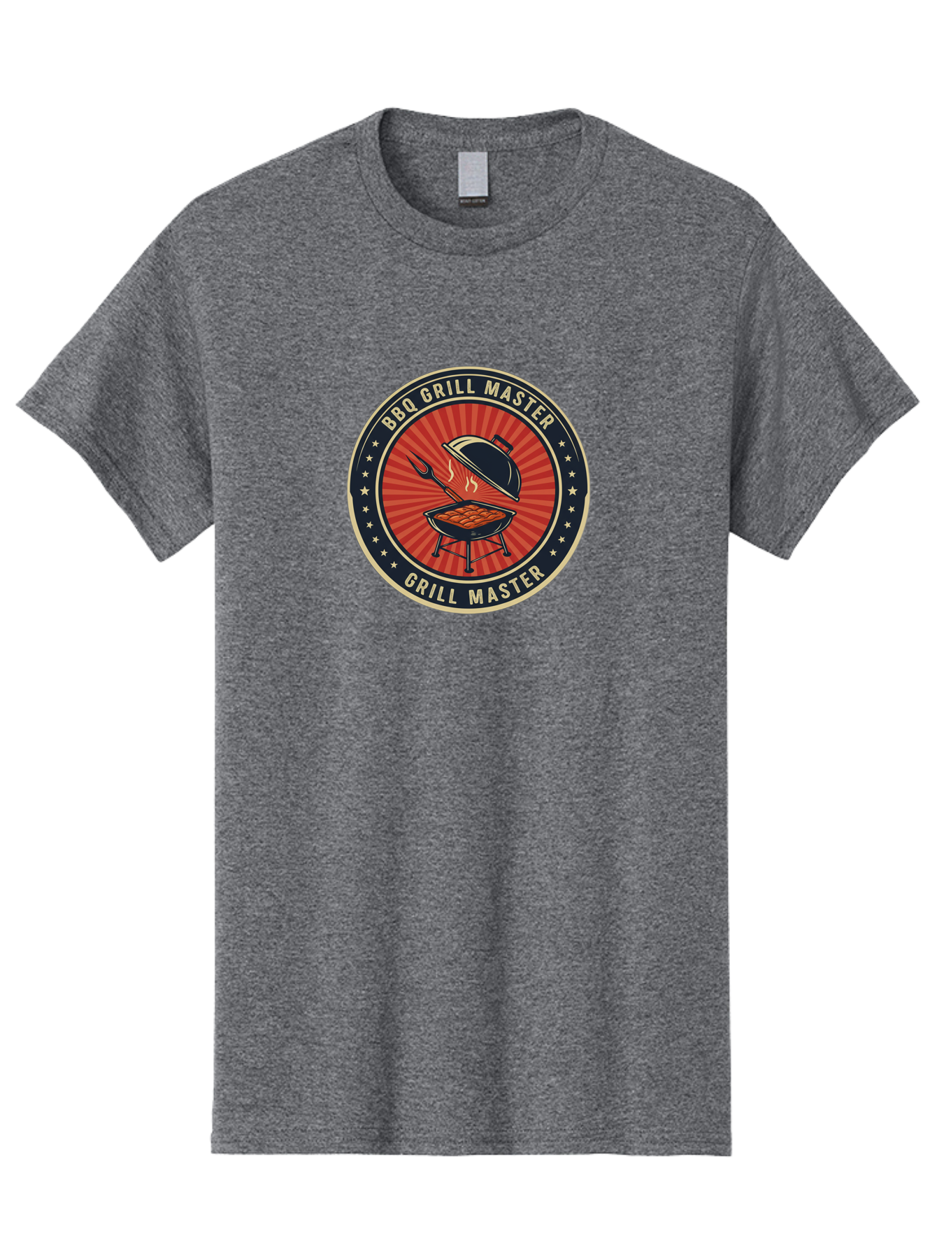 Bbq-Grill-Master-1 Men'S Graphic Tee, 100% Cotton, Comfortable Casual Summer Wear, Machine Washable, Barbecue Grill With Lid Open, Meat Cooking On Grill, Bbq Utensils, Sunburst Design, Stars Surrounding Logo, Grill Master Logo, Barbecue Theme, Bab670