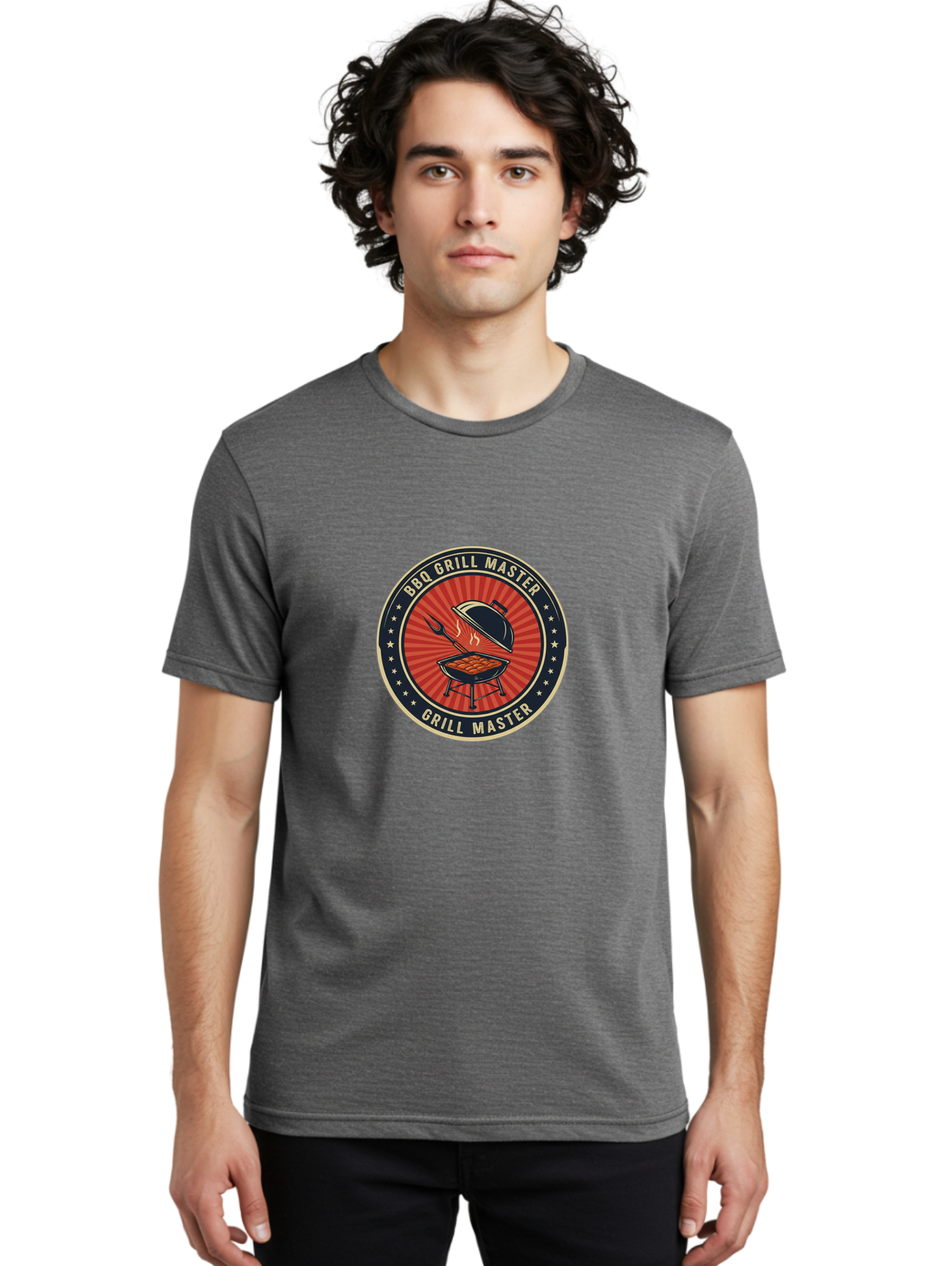 Bbq-Grill-Master-1 Men'S Graphic Tee, 100% Cotton, Comfortable Casual Summer Wear, Machine Washable, Barbecue Grill With Lid Open, Meat Cooking On Grill, Bbq Utensils, Sunburst Design, Stars Surrounding Logo, Grill Master Logo, Barbecue Theme, Bab670