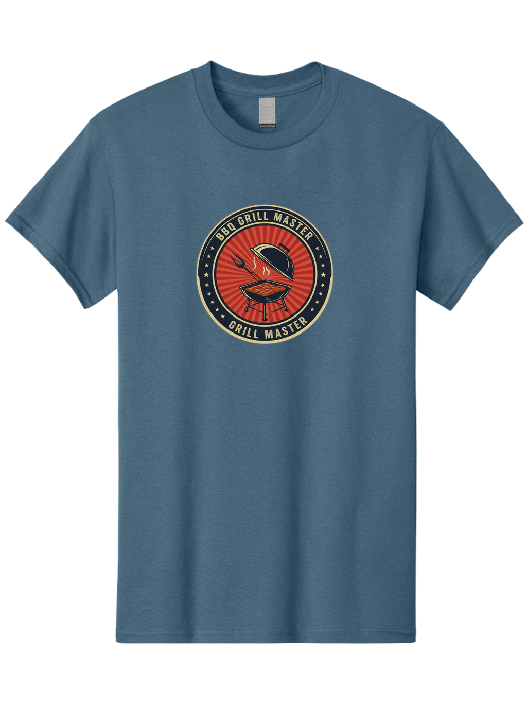 Bbq-Grill-Master-1 Men'S Graphic Tee, 100% Cotton, Comfortable Casual Summer Wear, Machine Washable, Barbecue Grill With Lid Open, Meat Cooking On Grill, Bbq Utensils, Sunburst Design, Stars Surrounding Logo, Grill Master Logo, Barbecue Theme, Bab670
