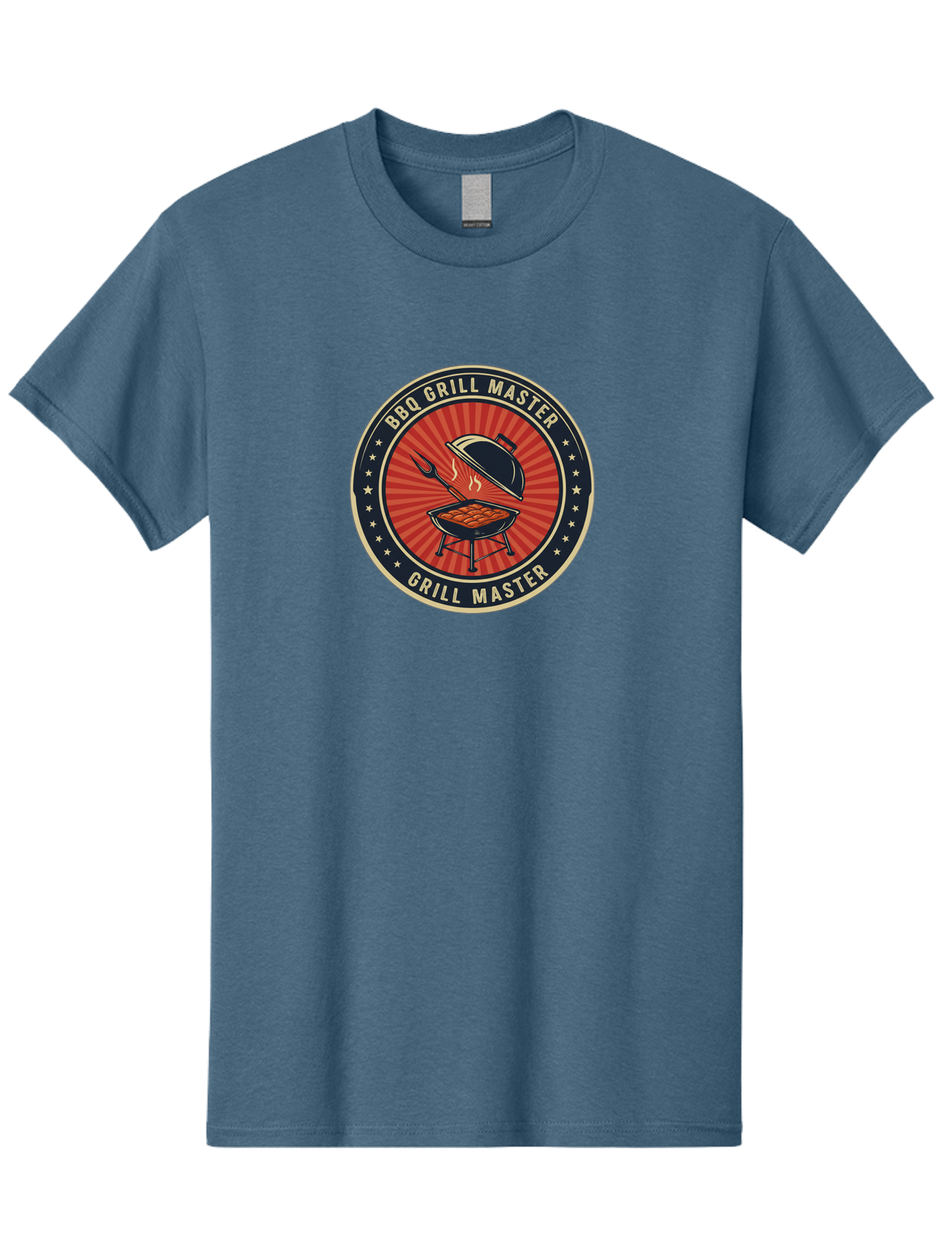 Bbq-Grill-Master-1 Men'S Graphic Tee, 100% Cotton, Comfortable Casual Summer Wear, Machine Washable, Barbecue Grill With Lid Open, Meat Cooking On Grill, Bbq Utensils, Sunburst Design, Stars Surrounding Logo, Grill Master Logo, Barbecue Theme, Bab670