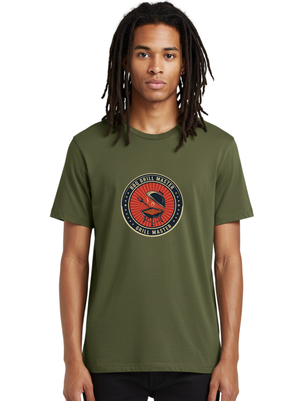 Bbq-Grill-Master-1 Men'S Graphic Tee, 100% Cotton, Comfortable Casual Summer Wear, Machine Washable, Barbecue Grill With Lid Open, Meat Cooking On Grill, Bbq Utensils, Sunburst Design, Stars Surrounding Logo, Grill Master Logo, Barbecue Theme, Bab670