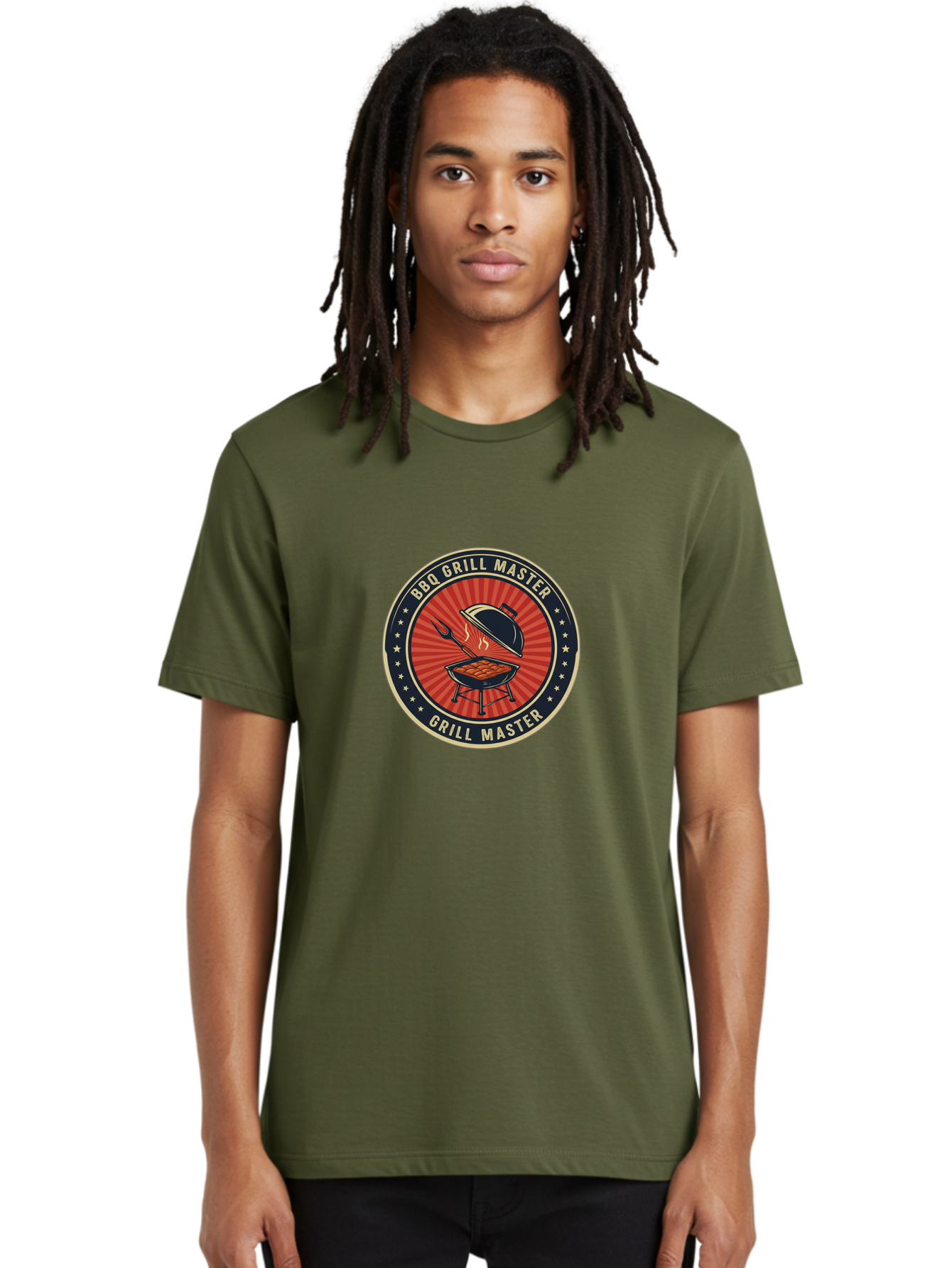 Bbq-Grill-Master-1 Men'S Graphic Tee, 100% Cotton, Comfortable Casual Summer Wear, Machine Washable, Barbecue Grill With Lid Open, Meat Cooking On Grill, Bbq Utensils, Sunburst Design, Stars Surrounding Logo, Grill Master Logo, Barbecue Theme, Bab670