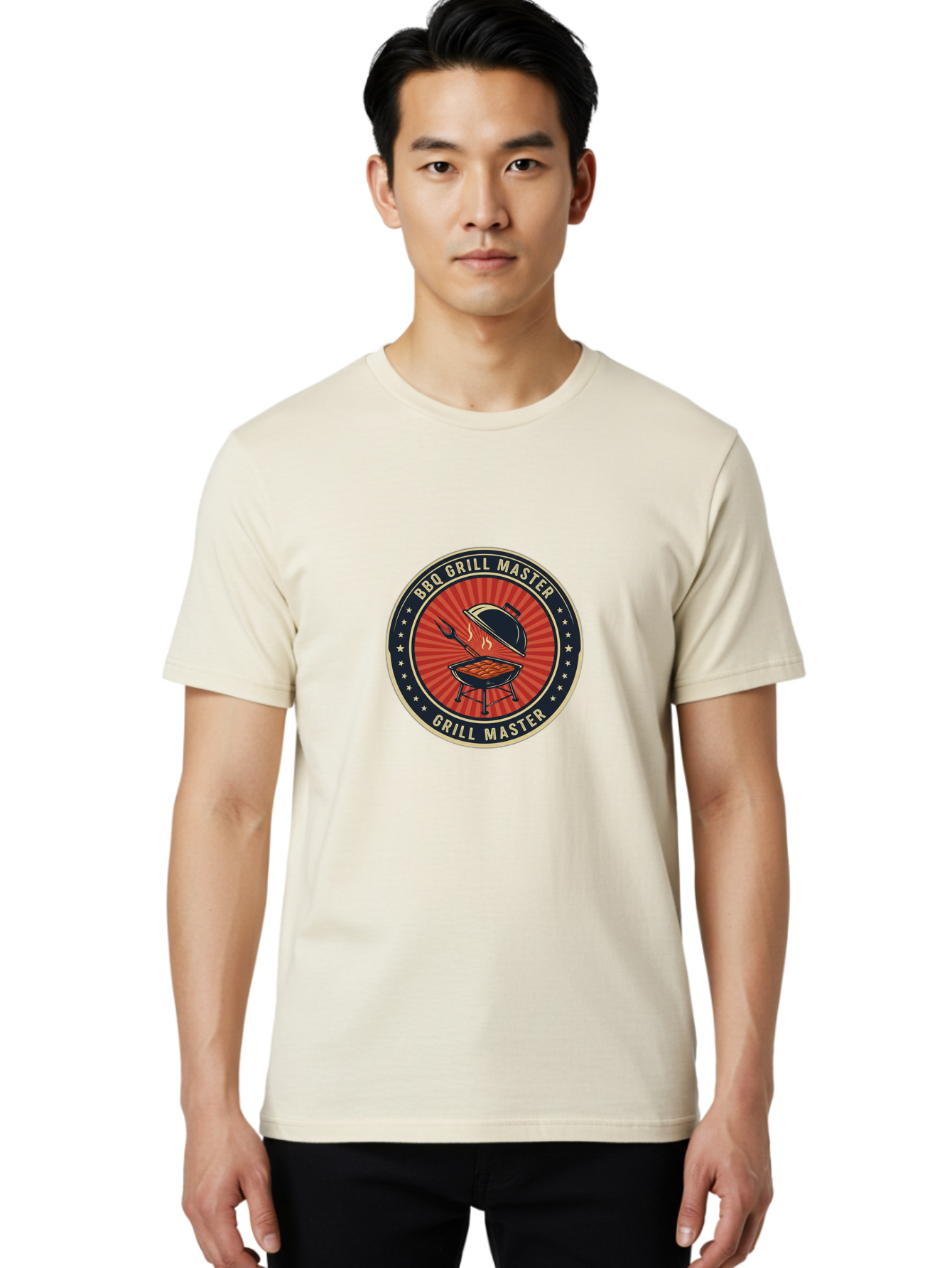 Bbq-Grill-Master-1 Men'S Graphic Tee, 100% Cotton, Comfortable Casual Summer Wear, Machine Washable, Barbecue Grill With Lid Open, Meat Cooking On Grill, Bbq Utensils, Sunburst Design, Stars Surrounding Logo, Grill Master Logo, Barbecue Theme, Bab670
