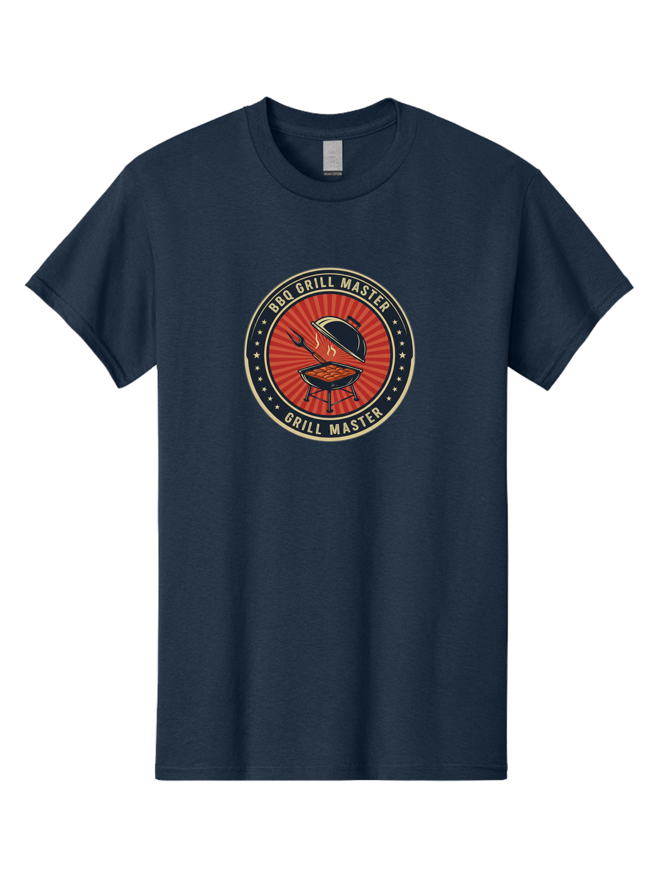 Bbq-Grill-Master-1 Men'S Graphic Tee, 100% Cotton, Comfortable Casual Summer Wear, Machine Washable, Barbecue Grill With Lid Open, Meat Cooking On Grill, Bbq Utensils, Sunburst Design, Stars Surrounding Logo, Grill Master Logo, Barbecue Theme, Bab670