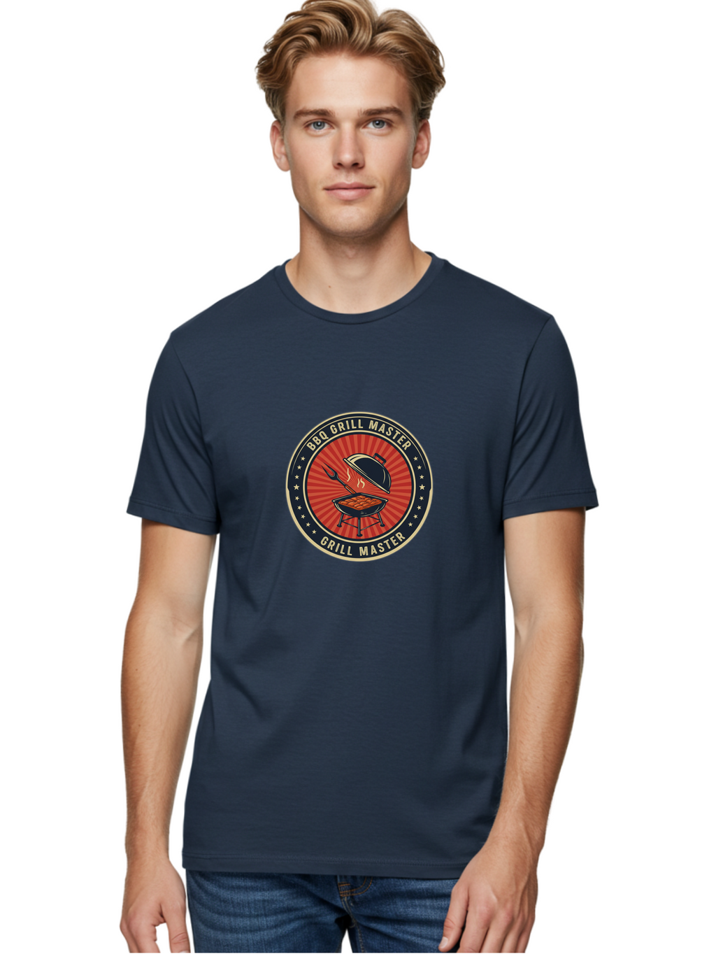 Bbq-Grill-Master-1 Men'S Graphic Tee, 100% Cotton, Comfortable Casual Summer Wear, Machine Washable, Barbecue Grill With Lid Open, Meat Cooking On Grill, Bbq Utensils, Sunburst Design, Stars Surrounding Logo, Grill Master Logo, Barbecue Theme, Bab670