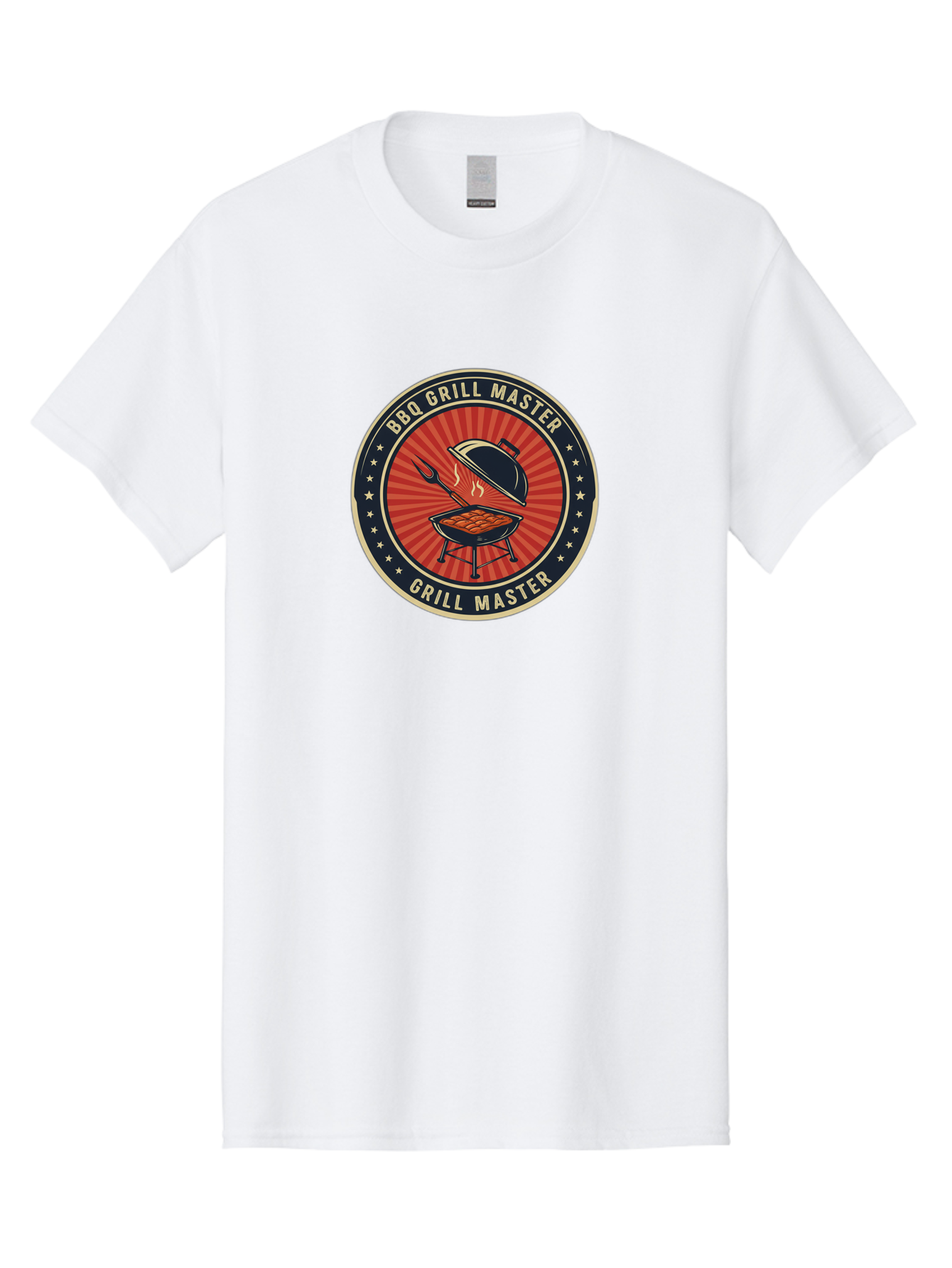 Bbq-Grill-Master-1 Men'S Graphic Tee, 100% Cotton, Comfortable Casual Summer Wear, Machine Washable, Barbecue Grill With Lid Open, Meat Cooking On Grill, Bbq Utensils, Sunburst Design, Stars Surrounding Logo, Grill Master Logo, Barbecue Theme, Bab670