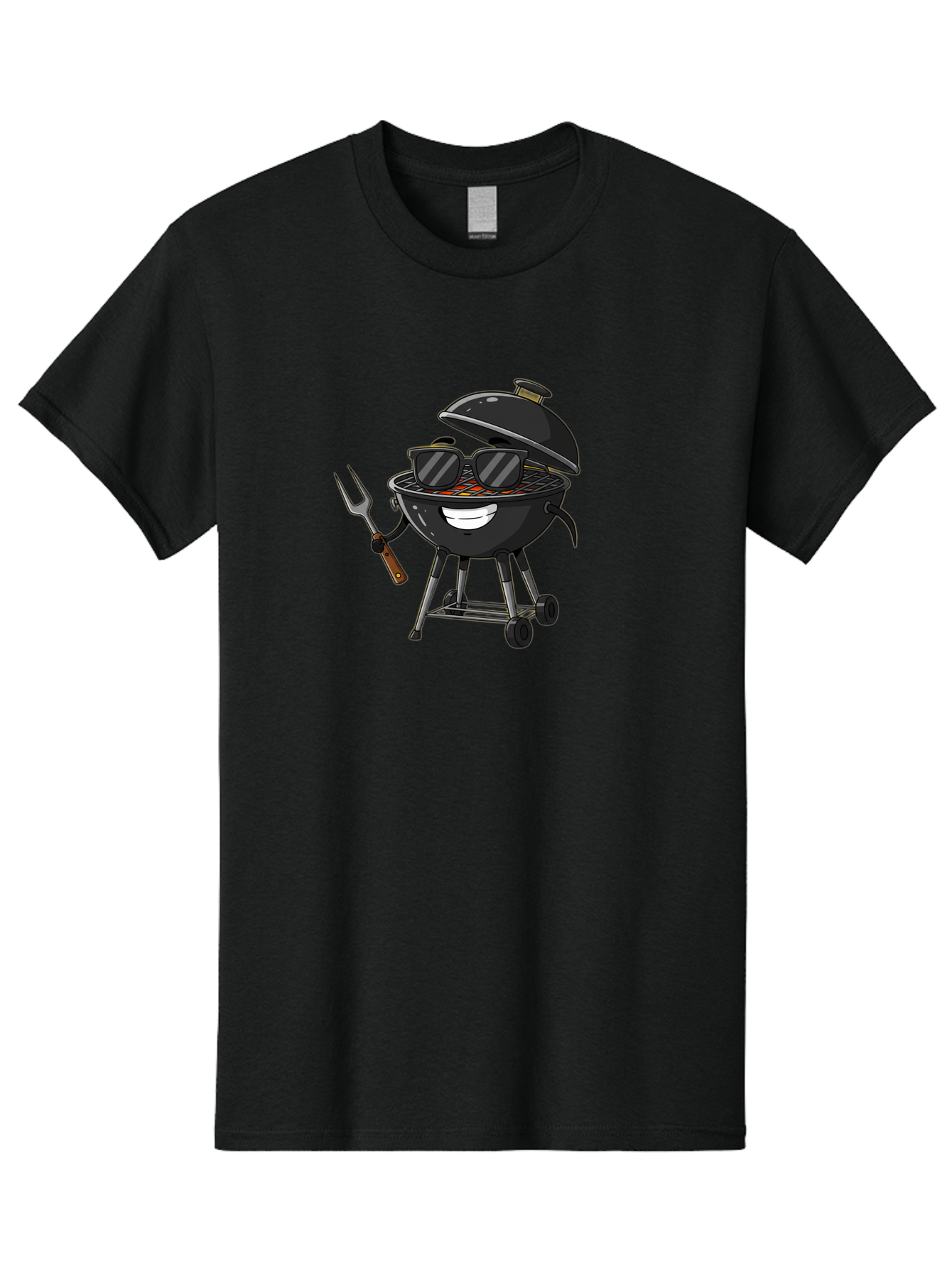 Bbq-Grill-With-Sunglasses Men'S Graphic Tee, 100% Cotton, Comfortable Casual Summer Wear, Machine Washable, Barbecue Grill, Sunglasses On Grill, Fork In Hand, Smiling Grill, Cartoon Character, Bbq Accessories, Outdoor Cooking, Summer Vibes, Bab672