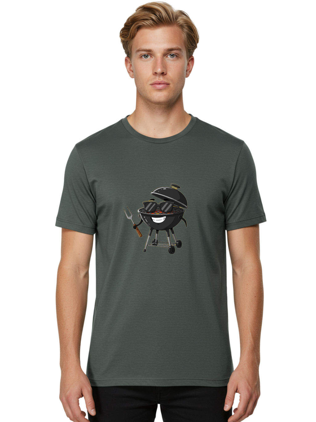 Bbq-Grill-With-Sunglasses Men'S Graphic Tee, 100% Cotton, Comfortable Casual Summer Wear, Machine Washable, Barbecue Grill, Sunglasses On Grill, Fork In Hand, Smiling Grill, Cartoon Character, Bbq Accessories, Outdoor Cooking, Summer Vibes, Bab672