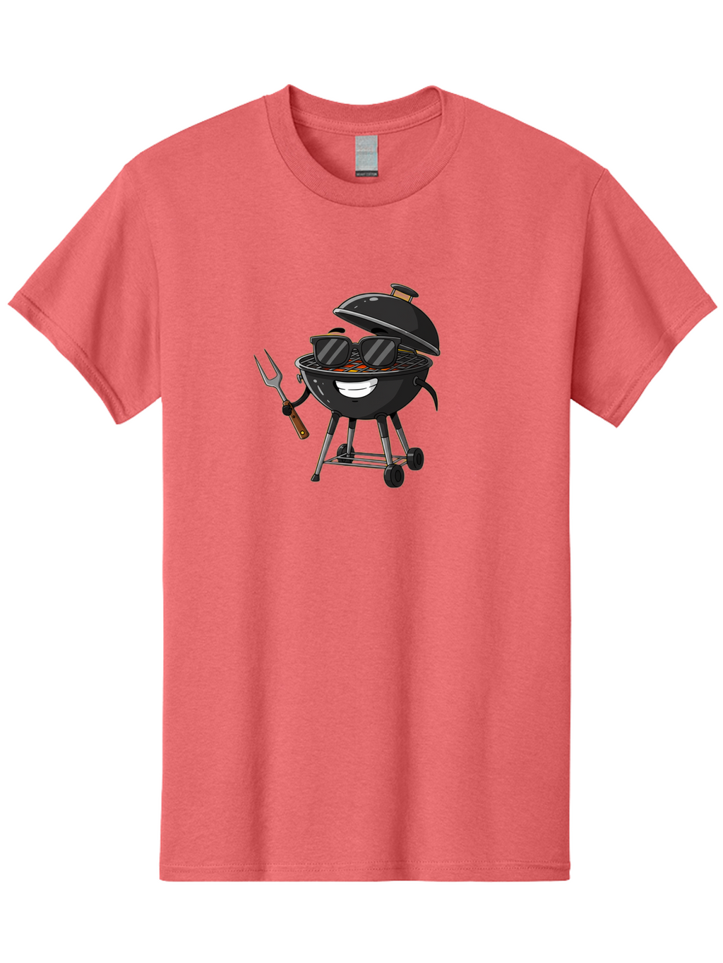 Bbq-Grill-With-Sunglasses Men'S Graphic Tee, 100% Cotton, Comfortable Casual Summer Wear, Machine Washable, Barbecue Grill, Sunglasses On Grill, Fork In Hand, Smiling Grill, Cartoon Character, Bbq Accessories, Outdoor Cooking, Summer Vibes, Bab672