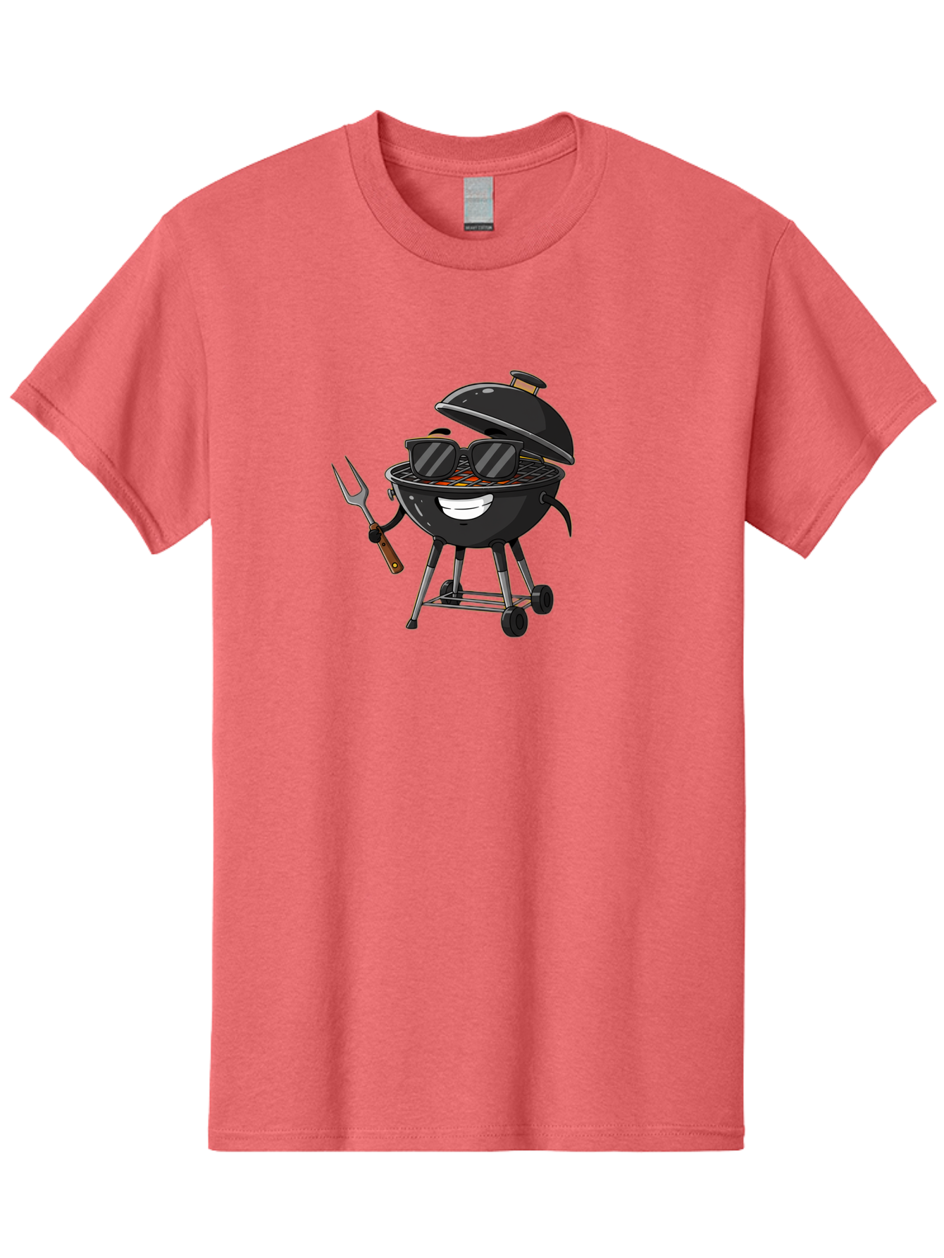 Bbq-Grill-With-Sunglasses Men'S Graphic Tee, 100% Cotton, Comfortable Casual Summer Wear, Machine Washable, Barbecue Grill, Sunglasses On Grill, Fork In Hand, Smiling Grill, Cartoon Character, Bbq Accessories, Outdoor Cooking, Summer Vibes, Bab672