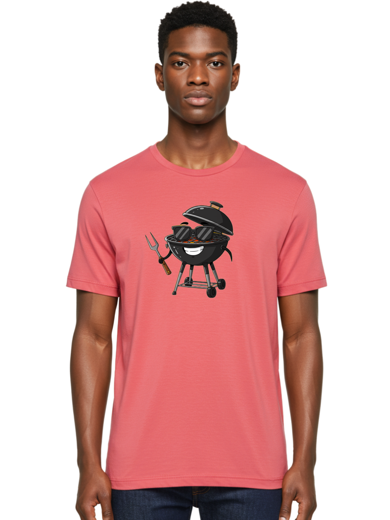 Bbq-Grill-With-Sunglasses Men'S Graphic Tee, 100% Cotton, Comfortable Casual Summer Wear, Machine Washable, Barbecue Grill, Sunglasses On Grill, Fork In Hand, Smiling Grill, Cartoon Character, Bbq Accessories, Outdoor Cooking, Summer Vibes, Bab672
