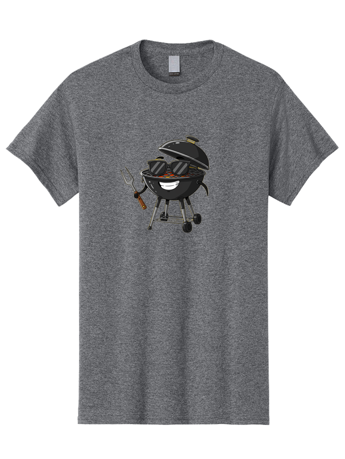 Bbq-Grill-With-Sunglasses Men'S Graphic Tee, 100% Cotton, Comfortable Casual Summer Wear, Machine Washable, Barbecue Grill, Sunglasses On Grill, Fork In Hand, Smiling Grill, Cartoon Character, Bbq Accessories, Outdoor Cooking, Summer Vibes, Bab672