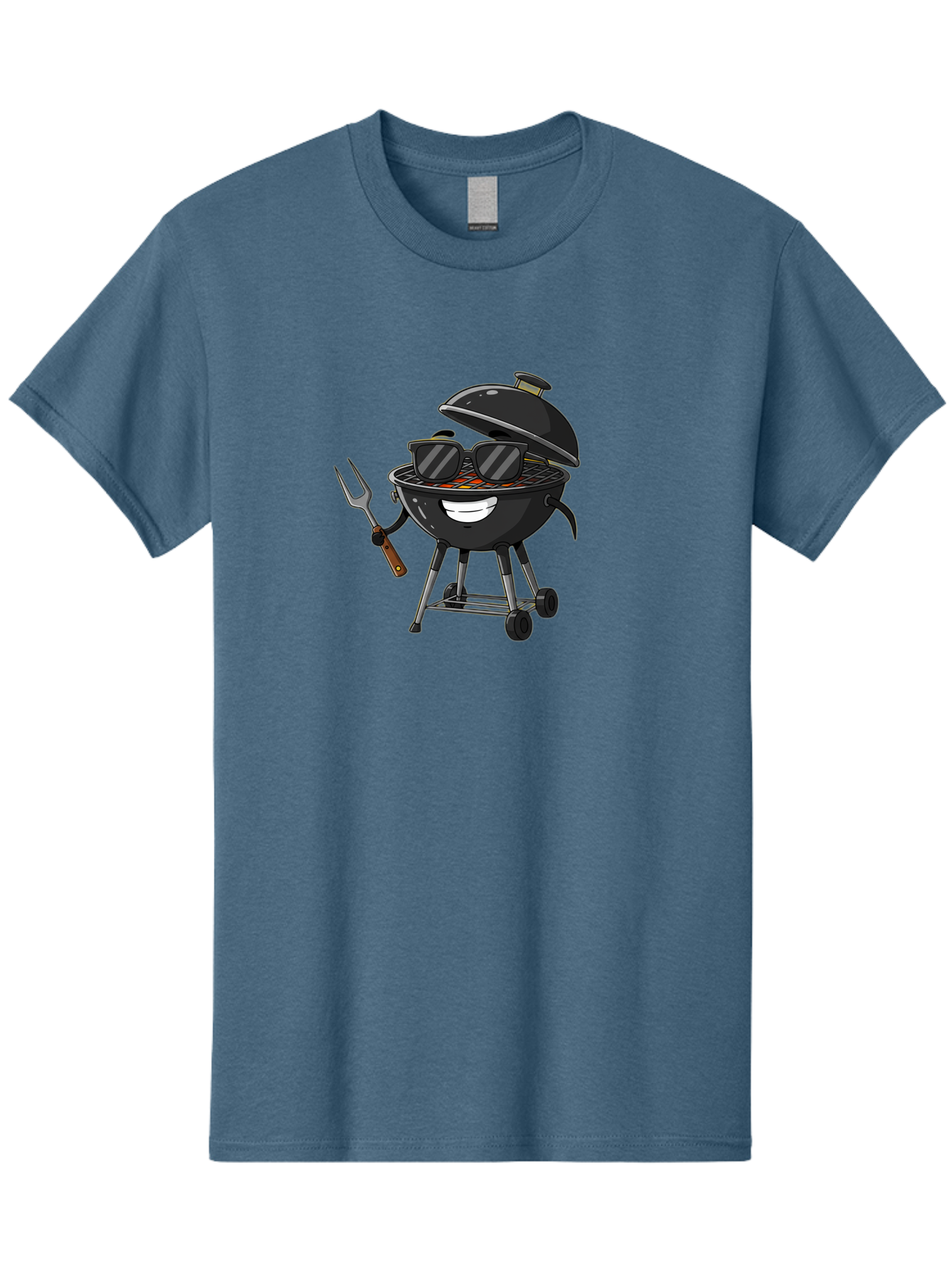 Bbq-Grill-With-Sunglasses Men'S Graphic Tee, 100% Cotton, Comfortable Casual Summer Wear, Machine Washable, Barbecue Grill, Sunglasses On Grill, Fork In Hand, Smiling Grill, Cartoon Character, Bbq Accessories, Outdoor Cooking, Summer Vibes, Bab672