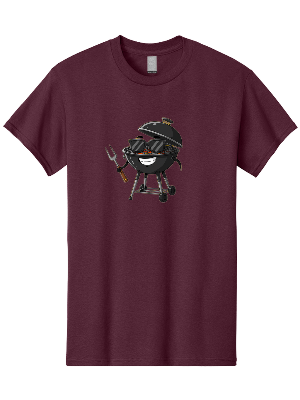 Bbq-Grill-With-Sunglasses Men'S Graphic Tee, 100% Cotton, Comfortable Casual Summer Wear, Machine Washable, Barbecue Grill, Sunglasses On Grill, Fork In Hand, Smiling Grill, Cartoon Character, Bbq Accessories, Outdoor Cooking, Summer Vibes, Bab672
