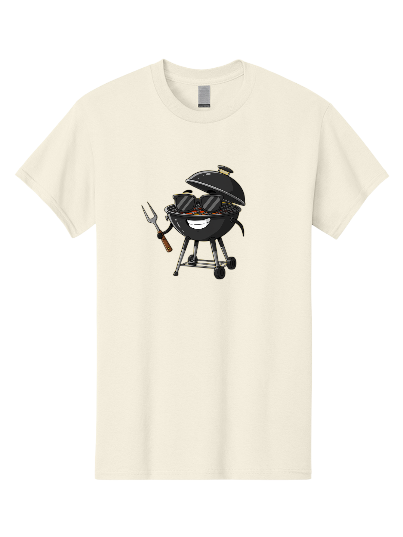 Bbq-Grill-With-Sunglasses Men'S Graphic Tee, 100% Cotton, Comfortable Casual Summer Wear, Machine Washable, Barbecue Grill, Sunglasses On Grill, Fork In Hand, Smiling Grill, Cartoon Character, Bbq Accessories, Outdoor Cooking, Summer Vibes, Bab672