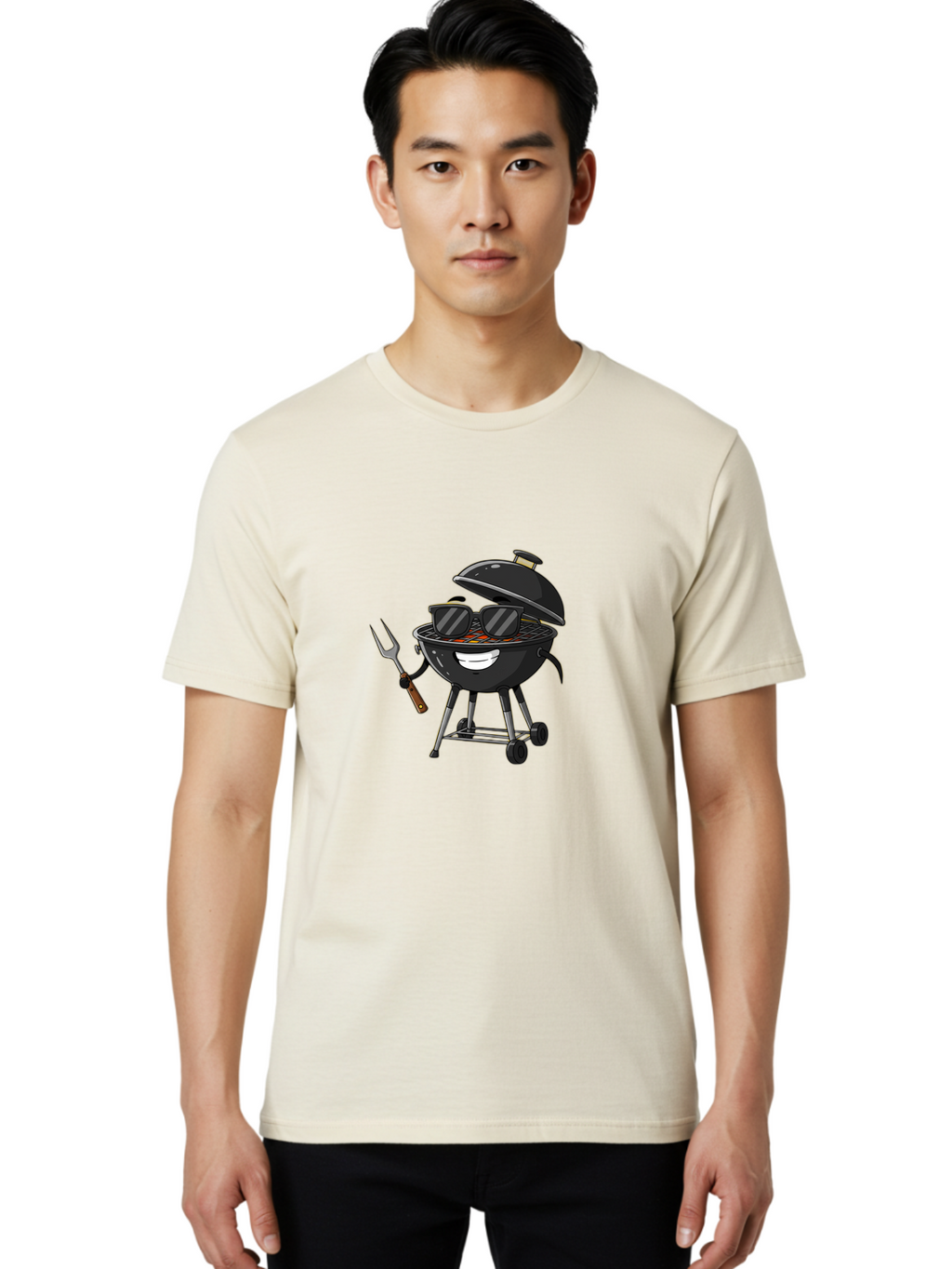 Bbq-Grill-With-Sunglasses Men'S Graphic Tee, 100% Cotton, Comfortable Casual Summer Wear, Machine Washable, Barbecue Grill, Sunglasses On Grill, Fork In Hand, Smiling Grill, Cartoon Character, Bbq Accessories, Outdoor Cooking, Summer Vibes, Bab672